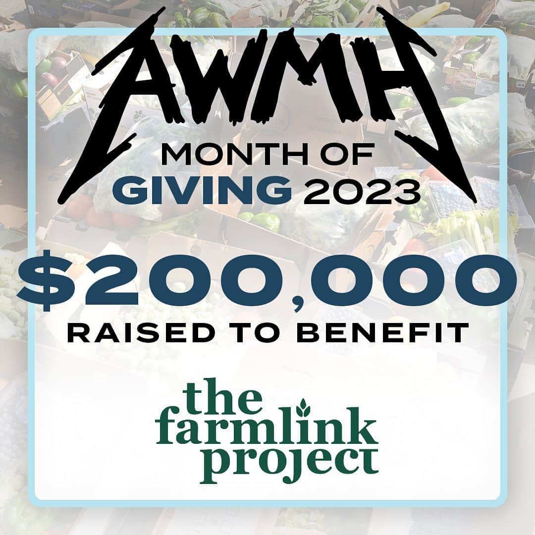 メタリカのインスタグラム：「The #MetallicaFamily continues to blow us away. You came together in support of #AWMH and raised $200,000 for our #MonthOfGiving2023 recipient: the @farmlinkproject!  Thank you to everyone who joined us this month by making individual donations, shopping the #MonthOfGiving Collection in The Metallica Store, participating in the auctions, entering the sweepstakes, and spreading the word. And an extra special shoutout to the 37 local @metallica fan club chapters from 17 different countries that participated in the fundraising competition!  We’d also like to extend our heartfelt gratitude to the artists and partners who donated their time, talent, goods, and money to this campaign: @carhartt, @squindo, @jimdunlopusa, @milestsang, Silver Luthier, and @wolverine.  Receiving 100% of the money raised this month, The Farmlink Project will continue to bridge the gap between farm surplus and hungry families.  Learn more at the link in bio.   #metallicagivesback #metallicafamilygivesback #metallicafansgiveback」