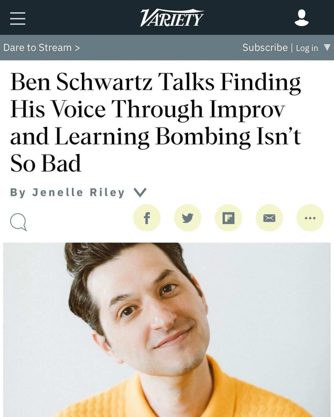 ベン・シュワルツのインスタグラム：「Not every day a place like @Variety wants to talk in depth about long form improv. Thank you @jenelleriley, this was a blast. You are the best. Link to the article in my instastories. Ben Schwartz & Friends is on tour right now, tix at rejectedjokes.com. Pic by @selashiloni」