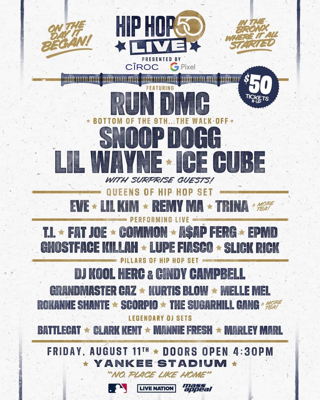 ニューヨーク・ヤンキースのインスタグラム：「WE ARE THRILLED TO ANNOUNCE HIP HOP 50 LIVE: A STAR-STUDDED CONCERT FEATURING @rundmc‘s “BOTTOM OF THE NINTH…THE WALK-OFF” PERFORMANCE, @liltunechi @snoopdogg @icecube AND MANY MORE TO BE ANNOUNCED!! 🔥🔥🔥  IT’S GOING DOWN ON THE DAY IT BEGAN IN THE BRONX, WHERE IT ALL STARTED FRIDAY, AUGUST 11, 2023 AT YANKEE STADIUM🗽  $50 TICKETS AVAILABLE BEGINNING WITH PRESALES ON THURSDAY, JUNE 8 🎟️   GENERAL ONSALE BEGINS ON FRIDAY, JUNE 9 AT 10 A.M. EST 🎟️   KEEP IT LOCKED FOR ALL OF THE EXCITING ANNOUNCEMENTS! 🚨 #HIPHOP50 #HIPHOP50LIVE」
