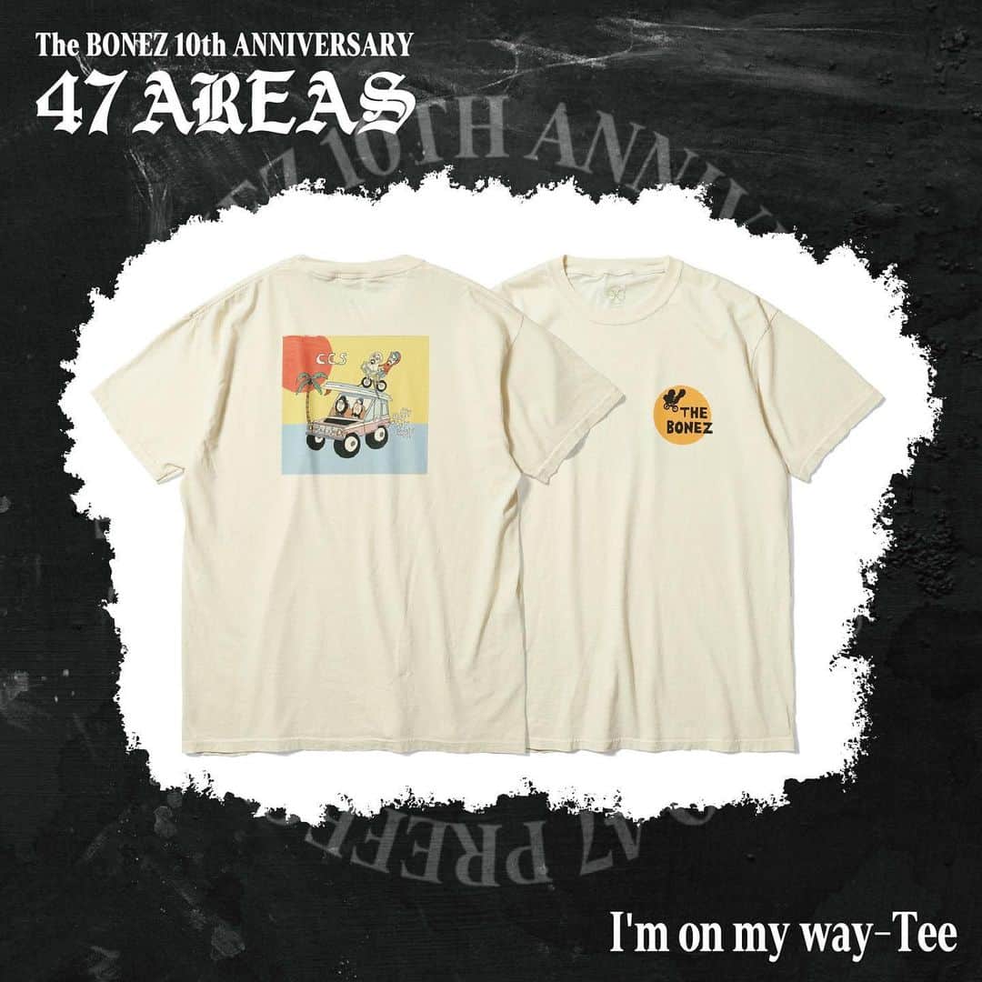 のインスタグラム：「【Tour Goods 公開】 I'm on my way-Tee  PRICE:¥5,000- (in tax)  PRODUCT greenroomで作品をT$UYO$HIが気に入り交流が始まったTakehiro Ito。 自身のブランドchi-beeでもお馴染みのタッチでメンバーを描き下ろし。Teeとなっている。 @chi_bee.official   #thebonez #骨から気合い」