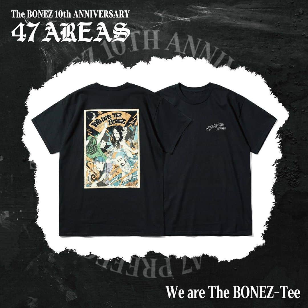 のインスタグラム：「【Tour Goods 公開】  We are The BONEZ-Tee  PRICE:¥5,000- (in tax)  PRODUCT JESSEとゆかりがありメンバーを浮世絵アーティスト【KOJIMAN】書き下ろした一枚。フロントに筆タッチでWe are The BONEZと入ったワンポイント。着物など細かいところまで再現されている。バックプリント  @kojiman_japan   #thebonez #骨から気合い」