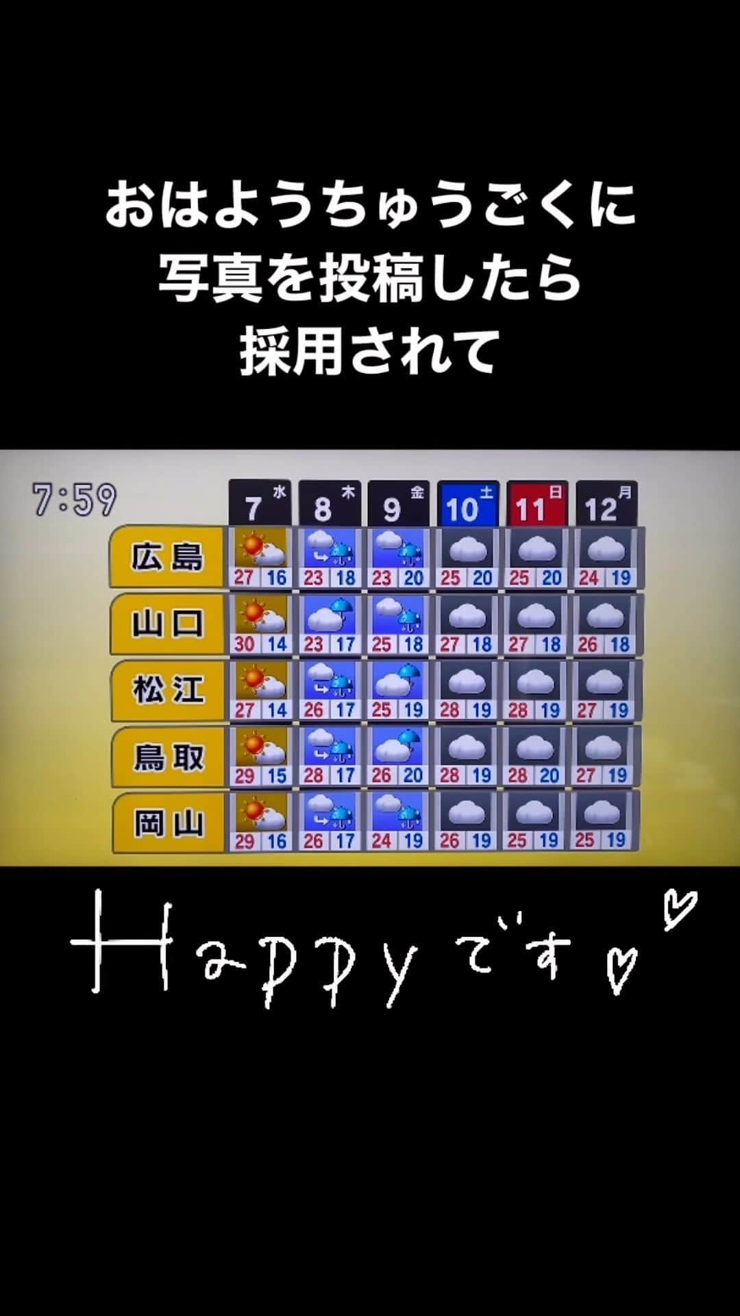 野本かりあのインスタグラム：「昨日、勝丸恭子さん御本人からお電話が来て、 ビックリ❣️ 毎朝、勝丸さんの優しい声の天気予報が素敵で、大ファンな私としては、電話でお話し出来たのが1番嬉しかったかもしれん😂 写真を採用して頂き、ありがとうございました❣️ #おはようちゅうごく #おはちゅう」