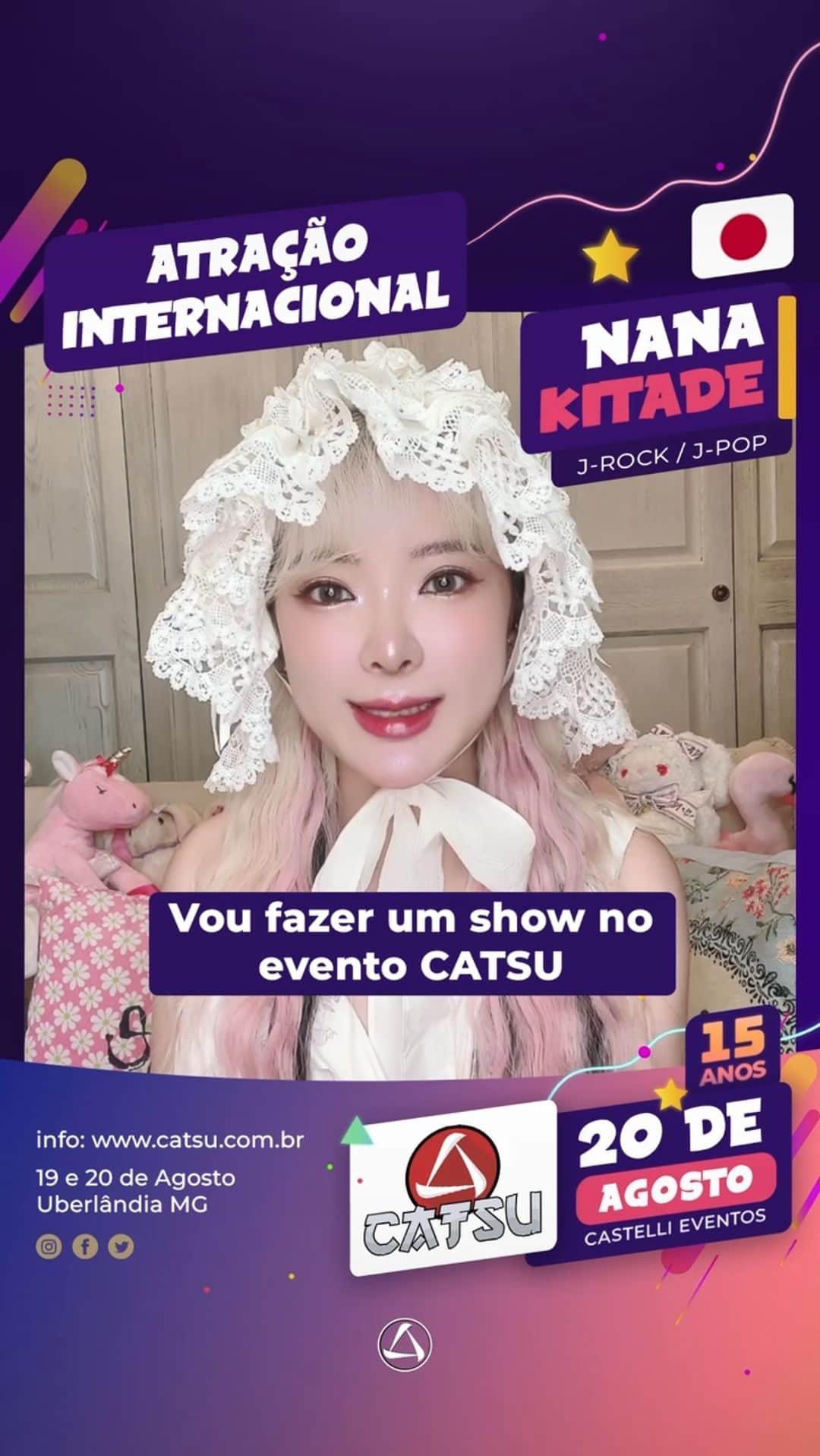 北出菜奈のインスタグラム：「Mensagem especial da Nana Kitade, que estará presente na inesquecível edição de 15 anos do CATSU.  Nana esta muito animada para comemorar seu aniversário de 20 anos de carreira junto com o aniversário de 15 anos do CATSU. Vocês estão animados? Compartilhe conosco nos comentários qual música da Nana Kitade você está mais ansioso(a) para ver ao vivo! <3  Seu show será no domingo, dia 20/08, e promete ser uma experiência única e emocionante.  🎫 Os ingressos estão disponíveis:  ➡️LEITURA CENTER SHOPPING @leiturauberlandia ➡️Link na bio  🎫 Os ingressos também podem ser adquiridos online, na plataforma Ingresso Live pelo link na bio.  CATSU 2023 🗓️ 19 e 20 de agosto de 2023 🕙 Das 10h às 19h 📌 Castelli Eventos - Uberlândia - Minas Gerais  #CATSU23 #CATSU15Anos #NanaKitade #jpop #jrock #PrincesaDoPunk #ShowAoVivo #Música #culturapop」