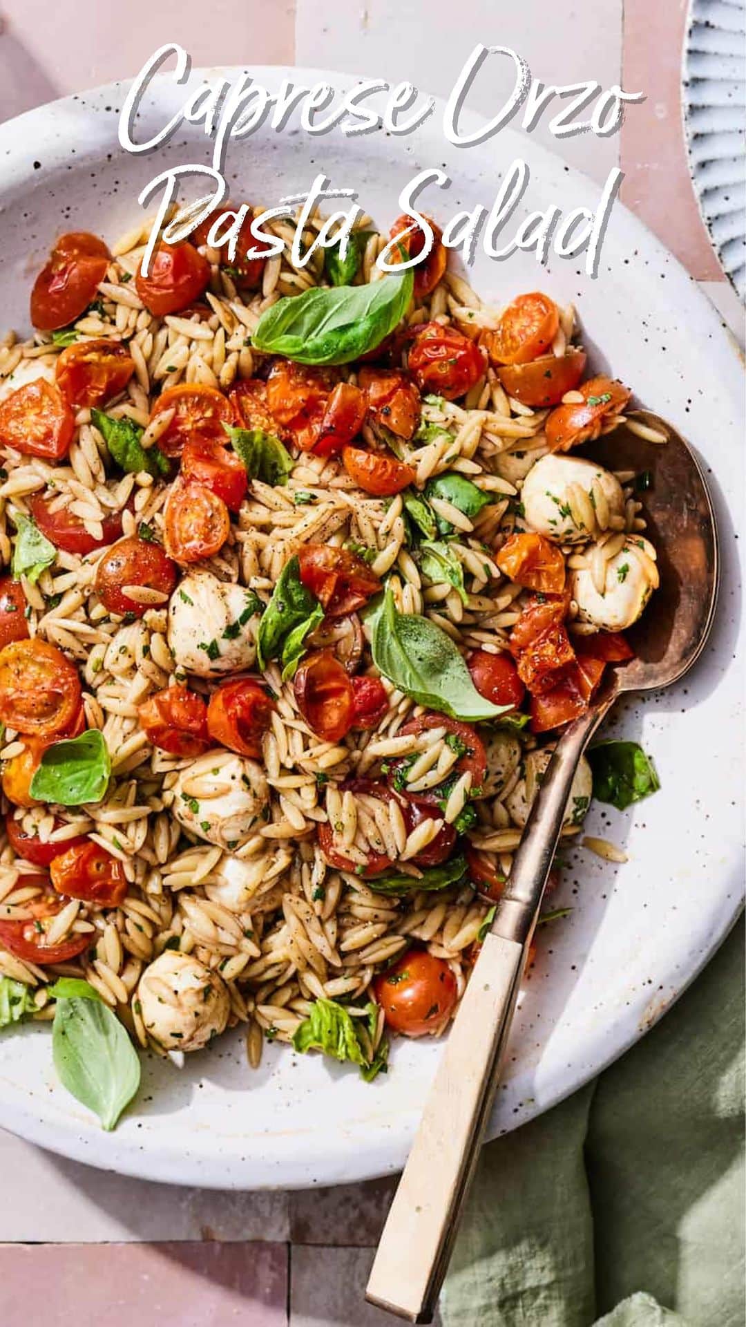 のインスタグラム：「Caprese Orzo Pasta Salad: equal parts easy and majorly delish!! Recipe linked in my profile https://whatsgabycooking.com/caprese-orzo-pasta-salad/」
