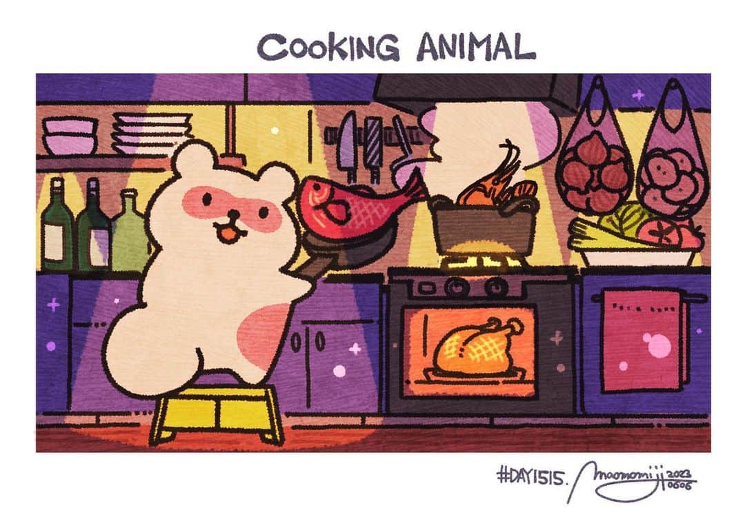 のインスタグラム：「『#DAY1515/「POT with Cooking animal」』  もみじ真魚/MaoMomiji 2023年6月7日 01:32  「今宵はキッチンでご馳走を。」 たぬきの生活シリーズが3作目です、実は全部YOUTUBEのサムネイルのサイズに合わせて制作しています。前から作りたかったのでありがたいです。生放送メインで活動しているので、よかったらフォローしてね。  "Feast in the kitchen tonight." The raccoon dog's life series is the third work, actually all are produced according to the thumbnail size of YOUTUBE. Thank you, I wanted to make it from the beginning. I mainly work on live broadcasts, so please follow me if you like.  “今晚在厨房盛宴。” 貉的一生系列是第三部作品，其实都是按照YOUTUBE的缩略图大小制作的。 谢谢你，我想从头开始。 我主要是做直播，喜欢就关注我吧。  "Fiesta en la cocina esta noche". La serie de la vida del perro mapache es el tercer trabajo, en realidad todos se producen de acuerdo con el tamaño de la miniatura de YOUTUBE. Gracias, quería hacerlo desde el principio. Principalmente trabajo en transmisiones en vivo, así que sígueme si quieres.  #日刊ごはんが好き #foodie #foodieart #dailyilovefood  #毎日更新 #foodillustration #fooddrawing #もみじ真魚 #maomomiji #飯テロ #美食 #lofi #cooking」