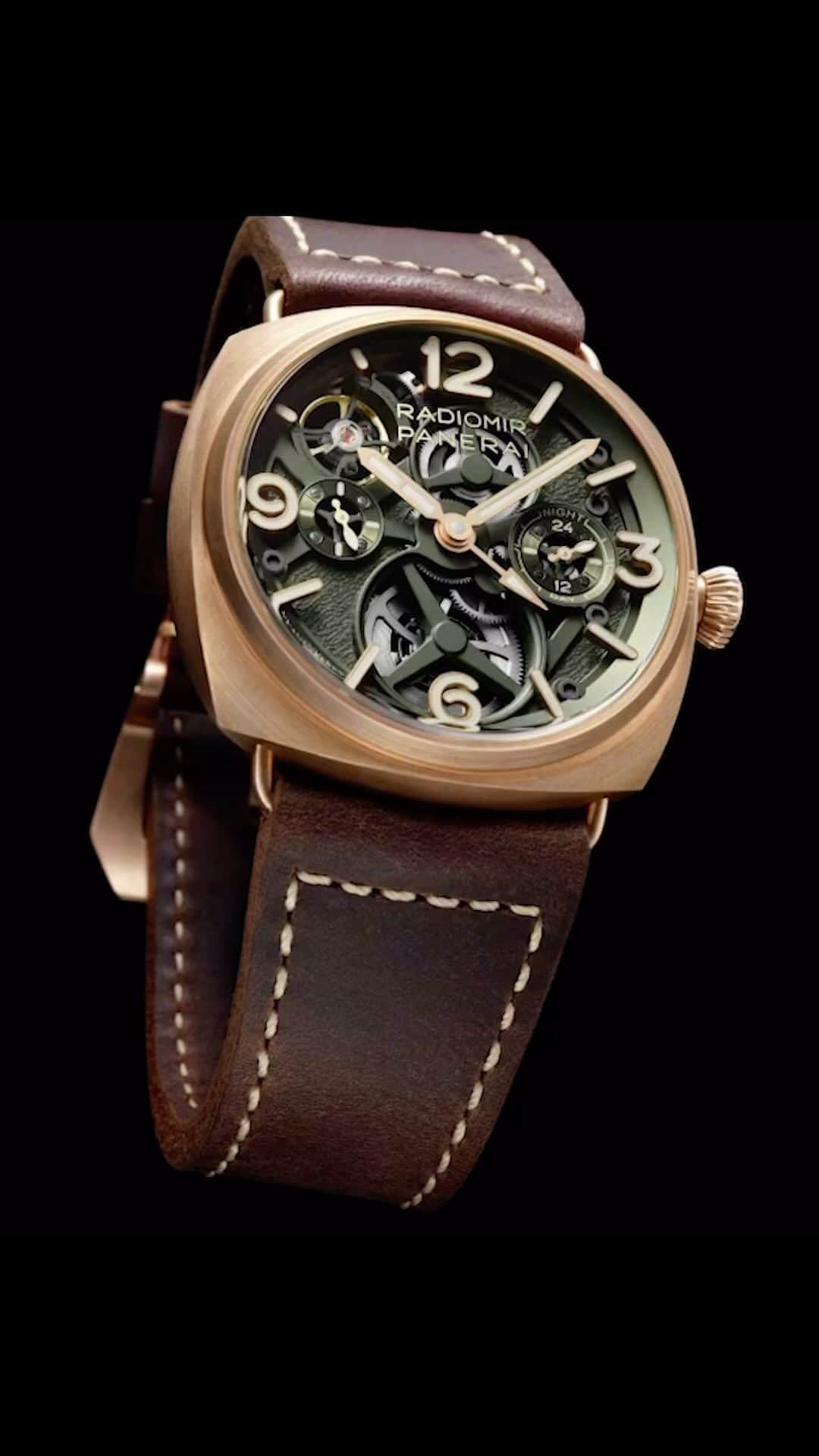 パネライのインスタグラム：「Might have been lost in the shuffle with everything going on this past week. But along with the opening of the largest Panerai boutique in the world at 711 Madison in NYC, June 1st also marked the the introduction of the PAM1284 45mm Bronze Cased Radiomir Tourbillon GMT. Featured a green skeletonized dial with gold hands, this beauty if powered by the P.2015/T Calibre with 4 days of power reserve. With no date on the dial, the 24 hours and GMT functionality is on a sub dial at the 3 o’clock position and a sub second hand at the 9 o’clock position which is reverse of what we are used to. If you want to get your hands on one of these rare beauties it will cost you $166,500 USD.   Read more about it on our site. Link in the bio. #PaneraiCentral」