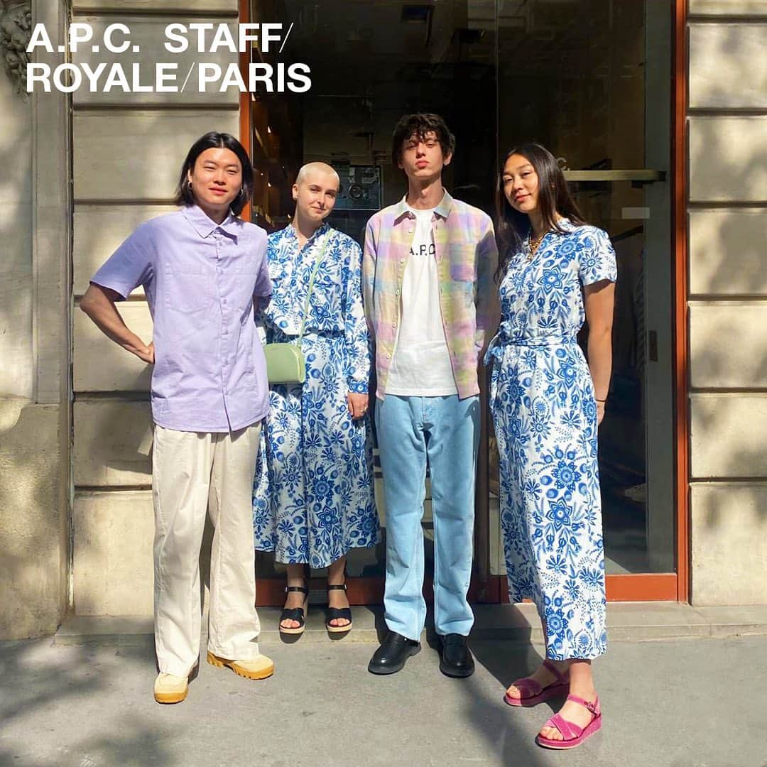 アーペーセーさんのインスタグラム写真 - (アーペーセーInstagram)「A.P.C. Rue Royale staff in Paris.  Gyuyoung wears: Hunt short-sleeve shirt in lilac Tressie trousers in ecru Sacha desert boots in dark beige  Caco wears: Aubrey blouse in floral blue print Long Ravenna skirt in blue print Demi-Lune clutch in pastel green  Juliette sandals in dark navy blue  Lucas wears: Trek overshirt in multicoloured pastel Moran T-shirt in white Standard jean in pale blue Gael moccasins in black   Sophie wears: Annelie dress in floral blue print Justine necklace in goldtone Originales sandals in fuchsia   All articles available in stores and at apc.fr  A.P.C. ROYALE 23, Rue Royale 75008 Paris  #APC #APCstaff #Paris」6月6日 18時01分 - apc_paris