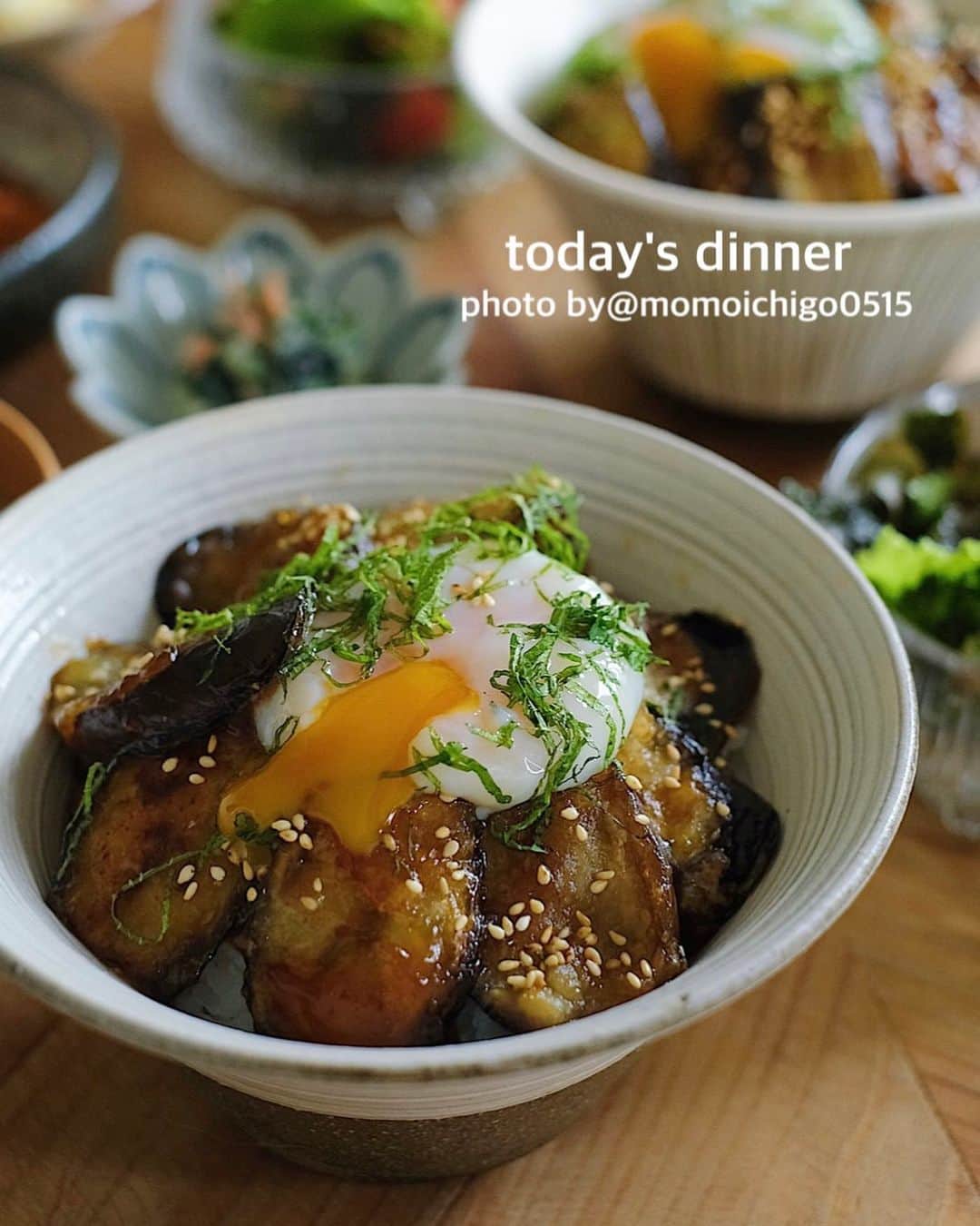 YASUKO TAKESUEのインスタグラム：「. こんばんは☺️✨. 今日の晩ごはん… . . ⭐️とろ〜り茄子の照り焼き丼 ⭐️麻婆厚揚げ ⭐️ほうれん草の白和え ⭐️レタスと韓国のりのサラダ ⭐️柚子白菜 ⭐️お味噌汁 . . .  #晩ごはん#晩御飯#晩ご飯#夜ごはん#よるごはん#夕食#おうちご飯#うちご飯#おうちご飯lover#おうちご飯記録#食卓#手料理#手作りご飯#料理写真#器好き#器集め#献立#家庭料理#food#foodpic#foodstagram#foodphotography#followme#instagood #奥田章」