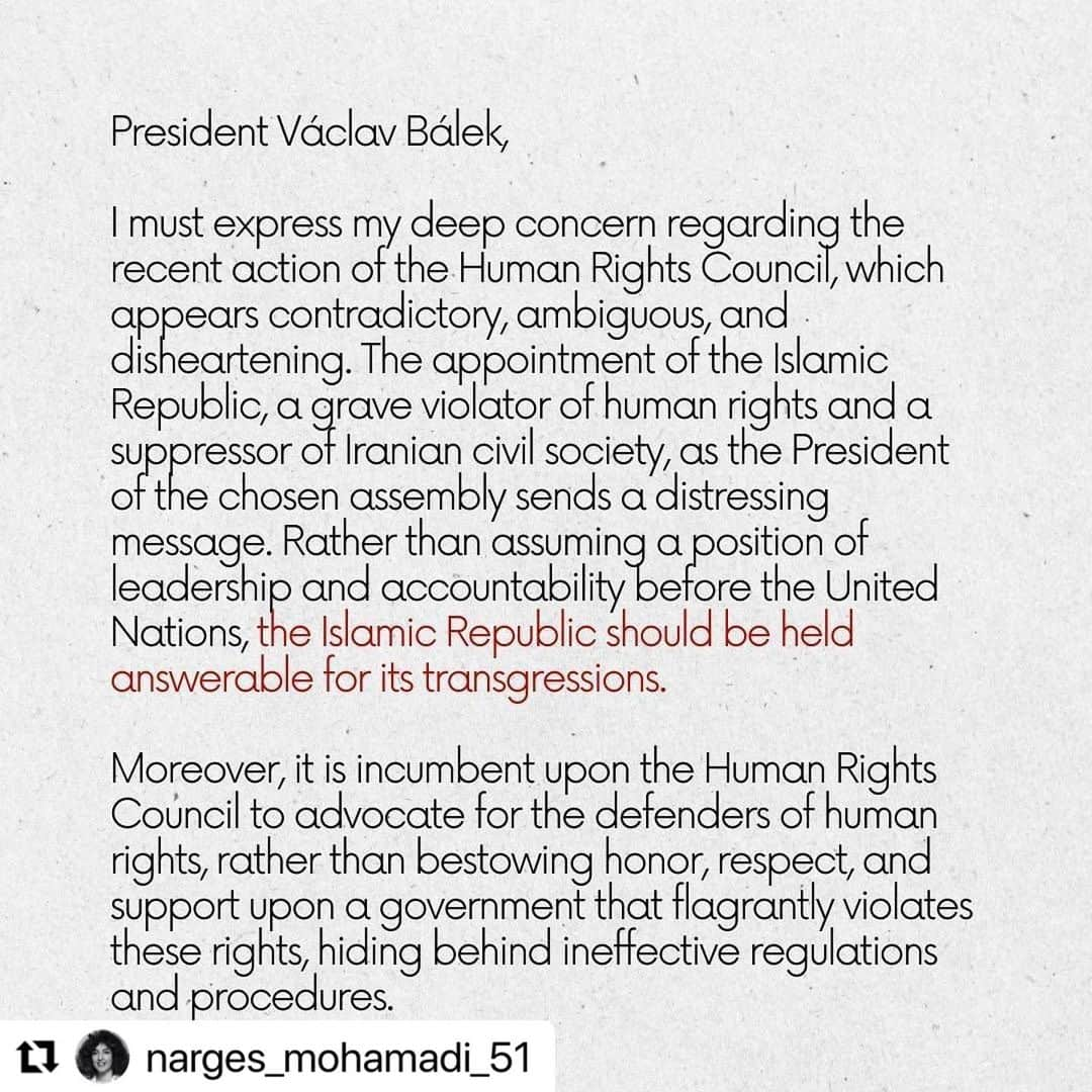 アレック・ボールドウィンさんのインスタグラム写真 - (アレック・ボールドウィンInstagram)「…@narges_mohamadi_51   UN🇺🇳 Human Rights Council President Václav Bálek,  I address you with the utmost respect as the President of the UN Human Rights Council, a position of great significance and responsibility in promoting and safeguarding human rights worldwide.  It is with deep concern and a profound sense of duty that I bring to your attention the current situation regarding the selection of the representative of the Islamic Republic as the President of the chosen assembly. The stated objective of this assembly, as declared, is to advance human rights through open dialogue and interaction among civil society, representatives of member countries, and intergovernmental organizations.  However, I must emphasize that the Islamic Republic government stands out as a clear and undeniable violator of human rights on a global scale. The flagrant street massacres, widespread executions, torture of protesters and critics held in solitary confinement, and the egregious mistreatment and abuse of women dissenters in detention centers during the revolutionary movement of "Zhina" represent only a fraction of the Islamic Republic's abhorrent track record of human rights violations. As a witness to these grave violations, I possess irrefutable evidence and am prepared to testify from my own experience within Evin Prison.  For over two decades, the Islamic Republic government has systematically employed repressive measures to dismantle Iranian civil society. It begs the question whether the Human Rights Council has taken into account the plight of civil institutions in Iran, including but not limited to the Writers' Association, the Human Rights Defenders Center, women's organizations, environmental institutions, teachers, workers, journalists, students, ethnic and religious minorities, and countless others. In light of these circumstances, it is imperative that the Human Rights Council extend an invitation to the imprisoned members of these institutions, ensuring their presence and providing an opportunity to shed light on their situation. Swipe the slides to read more. #nargesmohammadi #nargesmohamadi #unitednations #vaclavbalek #humanrights #un」6月6日 19時46分 - alecbaldwininsta