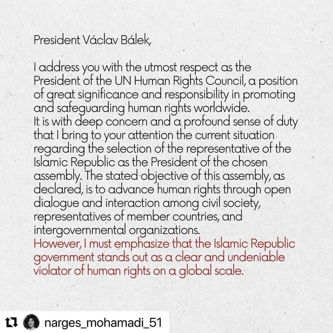 アレック・ボールドウィンさんのインスタグラム写真 - (アレック・ボールドウィンInstagram)「…@narges_mohamadi_51   UN🇺🇳 Human Rights Council President Václav Bálek,  I address you with the utmost respect as the President of the UN Human Rights Council, a position of great significance and responsibility in promoting and safeguarding human rights worldwide.  It is with deep concern and a profound sense of duty that I bring to your attention the current situation regarding the selection of the representative of the Islamic Republic as the President of the chosen assembly. The stated objective of this assembly, as declared, is to advance human rights through open dialogue and interaction among civil society, representatives of member countries, and intergovernmental organizations.  However, I must emphasize that the Islamic Republic government stands out as a clear and undeniable violator of human rights on a global scale. The flagrant street massacres, widespread executions, torture of protesters and critics held in solitary confinement, and the egregious mistreatment and abuse of women dissenters in detention centers during the revolutionary movement of "Zhina" represent only a fraction of the Islamic Republic's abhorrent track record of human rights violations. As a witness to these grave violations, I possess irrefutable evidence and am prepared to testify from my own experience within Evin Prison.  For over two decades, the Islamic Republic government has systematically employed repressive measures to dismantle Iranian civil society. It begs the question whether the Human Rights Council has taken into account the plight of civil institutions in Iran, including but not limited to the Writers' Association, the Human Rights Defenders Center, women's organizations, environmental institutions, teachers, workers, journalists, students, ethnic and religious minorities, and countless others. In light of these circumstances, it is imperative that the Human Rights Council extend an invitation to the imprisoned members of these institutions, ensuring their presence and providing an opportunity to shed light on their situation. Swipe the slides to read more. #nargesmohammadi #nargesmohamadi #unitednations #vaclavbalek #humanrights #un」6月6日 19時46分 - alecbaldwininsta