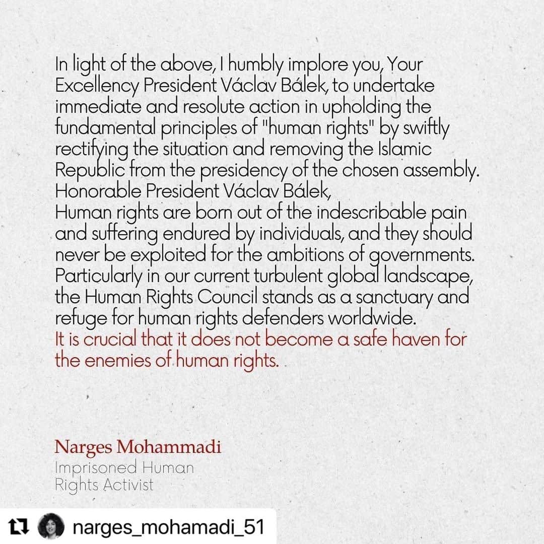 アレック・ボールドウィンさんのインスタグラム写真 - (アレック・ボールドウィンInstagram)「…@narges_mohamadi_51   UN🇺🇳 Human Rights Council President Václav Bálek,  I address you with the utmost respect as the President of the UN Human Rights Council, a position of great significance and responsibility in promoting and safeguarding human rights worldwide.  It is with deep concern and a profound sense of duty that I bring to your attention the current situation regarding the selection of the representative of the Islamic Republic as the President of the chosen assembly. The stated objective of this assembly, as declared, is to advance human rights through open dialogue and interaction among civil society, representatives of member countries, and intergovernmental organizations.  However, I must emphasize that the Islamic Republic government stands out as a clear and undeniable violator of human rights on a global scale. The flagrant street massacres, widespread executions, torture of protesters and critics held in solitary confinement, and the egregious mistreatment and abuse of women dissenters in detention centers during the revolutionary movement of "Zhina" represent only a fraction of the Islamic Republic's abhorrent track record of human rights violations. As a witness to these grave violations, I possess irrefutable evidence and am prepared to testify from my own experience within Evin Prison.  For over two decades, the Islamic Republic government has systematically employed repressive measures to dismantle Iranian civil society. It begs the question whether the Human Rights Council has taken into account the plight of civil institutions in Iran, including but not limited to the Writers' Association, the Human Rights Defenders Center, women's organizations, environmental institutions, teachers, workers, journalists, students, ethnic and religious minorities, and countless others. In light of these circumstances, it is imperative that the Human Rights Council extend an invitation to the imprisoned members of these institutions, ensuring their presence and providing an opportunity to shed light on their situation. Swipe the slides to read more. #nargesmohammadi #nargesmohamadi #unitednations #vaclavbalek #humanrights #un」6月6日 19時46分 - alecbaldwininsta