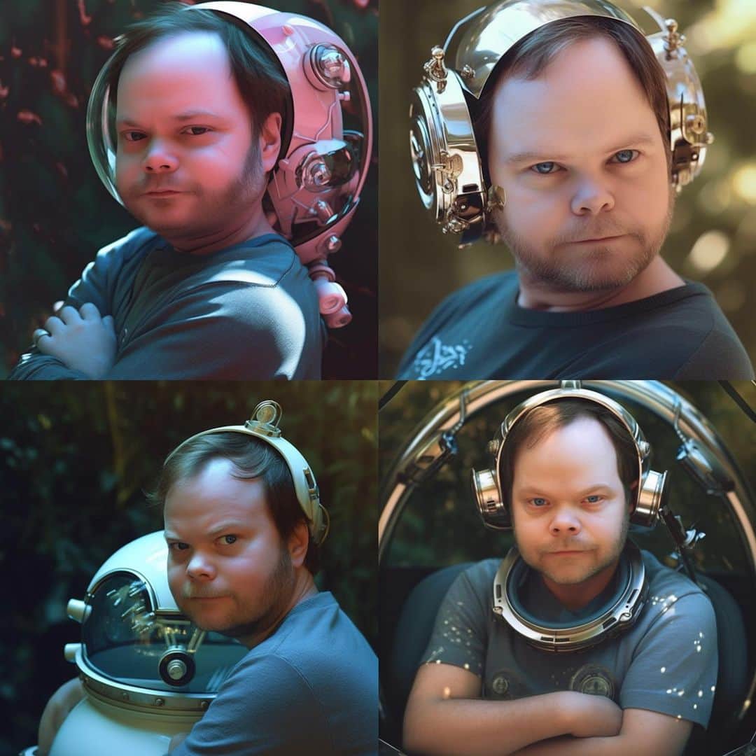 レイン・ウィルソンのインスタグラム：「Legendary author / artist @mishablaise created / prompted some delightful Rainn Wilson Ai art.   Rainn as a futuristic baby. Rainn as a cat loving knitting enthusiast. Rainn on an inflatable pig in the middle of the ocean. Rainn as a pink fluff ball in front of a castle. Enjoy. Or run screaming. Your choice.  Created by @mishablaise using MIDJOURNEY.」