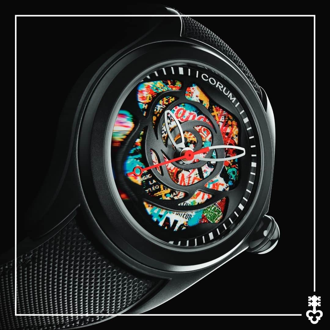 コルムのインスタグラム：「Wear art on your wrist. Corum teams with French street artist @aiiroh to make a statement inspired by his famous “Black Série Rose” artwork.  The Bubble 47 X Aiiroh is powered by the mechanical automatic caliber CO 082 that offers 42 hours of power reserve. The case back is made of transparent sapphire crystal with an anti-reflective treatment for an unobstructed view of the movement.  (Ref. L082/04407)  #Corum #CorumWatches #CorumBubble」