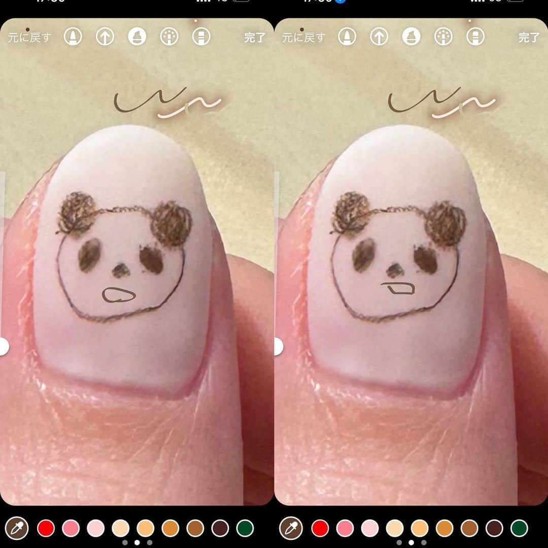 大野莉昂さんのインスタグラム写真 - (大野莉昂Instagram)「色鉛筆ネイル✏️🤎🐼 親指におきなさんセンスで描いてもらった🥹 3枚目はパンダに口つけるかつけないかで迷って試し書きしたやつ、なしにして正解（笑） @okina_nail」6月6日 21時16分 - bbbbrikopanda