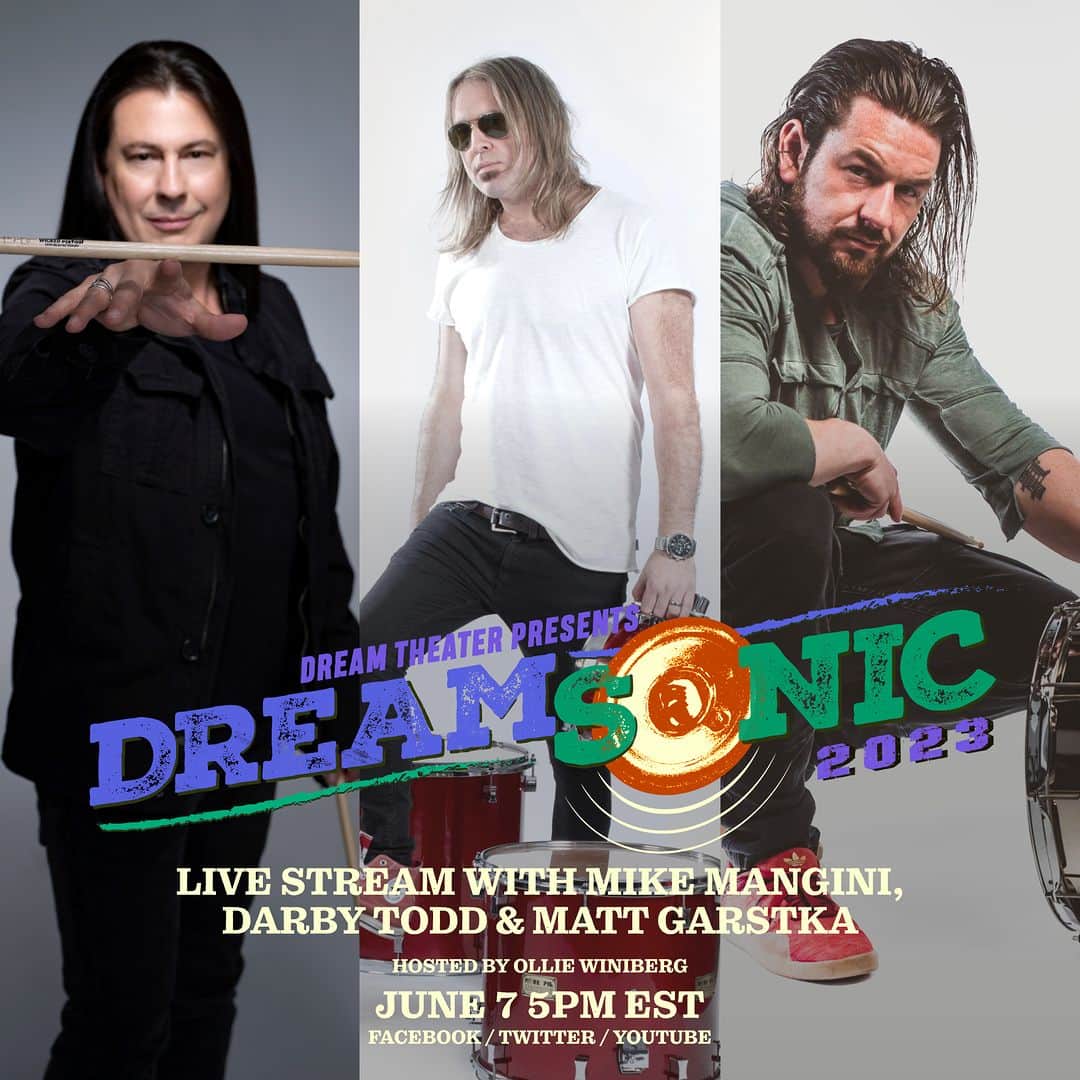 ドリーム・シアターのインスタグラム：「It's the drummers of Dreamsonic 2023! 🥁 Join @mikemanginiofficial, @darbytodd and @mattgarstka tomorrow (June 7) at 5pm EST for a live stream chat hosted by @olliewiniberg!   #Dreamsonic2023 #DreamTheater #DevinTownsend #AnimalsAsLeaders」