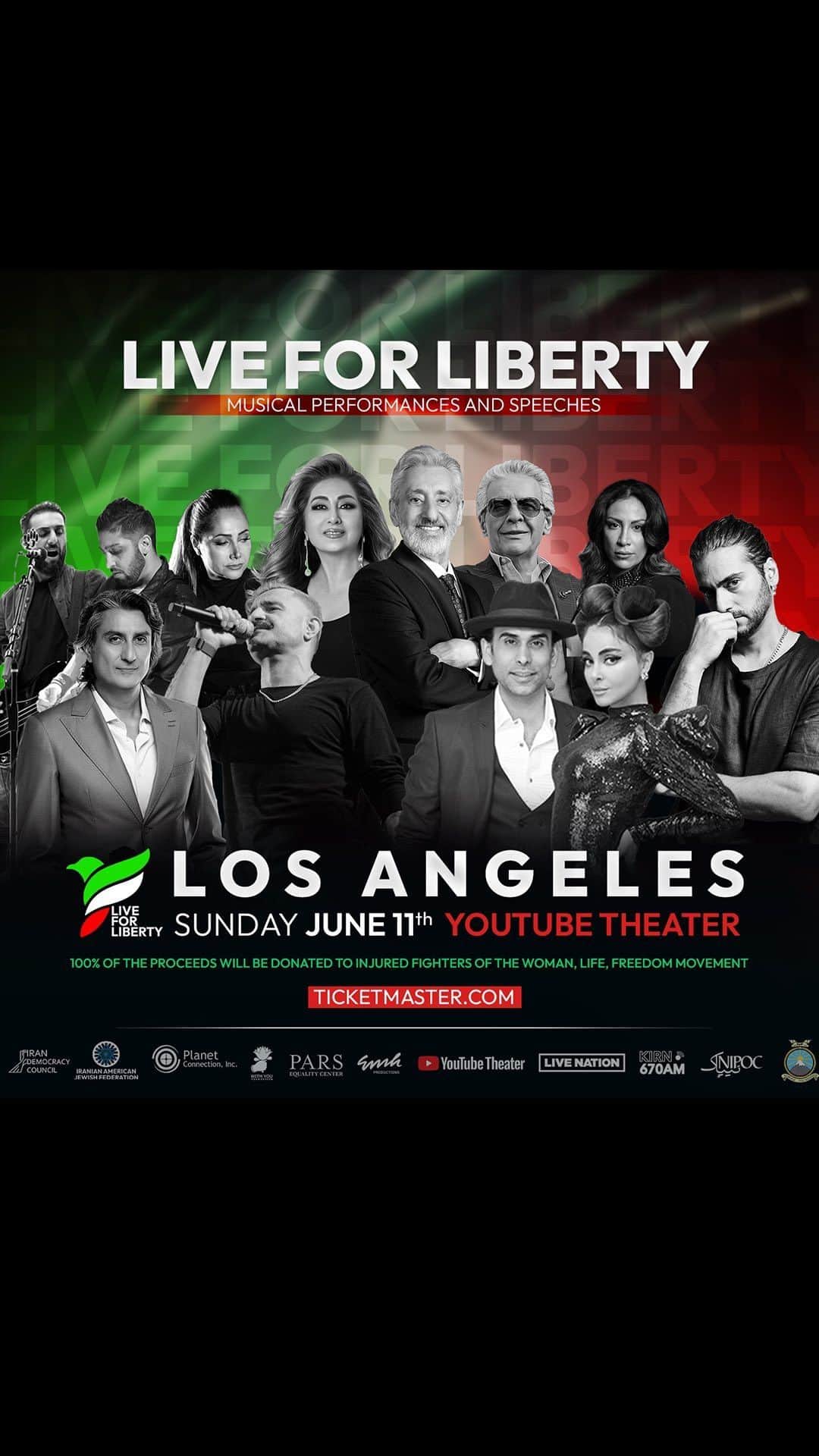 のインスタグラム：「Join this star studded lineup on June 11th, for the biggest event in support of the Woman, Life, Freedom movement in Southern California at the @YouTubeTheater.  100% of the proceeds will be donated to victims of the movement.」
