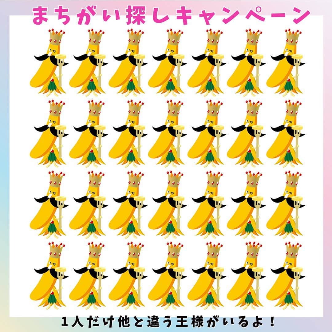 Sumifruのインスタグラム：「📣フォロー＆コメントで応募完了！甘熟王まちがい探しキャンペーン📣  1人だけ違う王様を探そう👑＼甘熟王 まちがい探し／ この中に1人だけ、他の王様とは違うバナナの王様が隠れています👀 さぁ、見つけられますか？？  前回、とても盛り上がったまちがい探しが、今回はキャンペーンで帰ってきました😆！ 1人だけ違う王様を見つけたら、バナナの絵文字『🍌』を送って教えてくださいね♩ 当アカウントのフォロー＆コメントいただいた方の中から、抽選で10名様に『王様オリジナルのビニールポーチ』をプレゼントいたします💡  答えはストーリーズで後日発表いたします🗣 ぜひ、フォローを継続して答え合わせしてくださいね！ ストーリーズで配信した後は、ハイライトからご確認いただけます。  王様からひとこと🍌👑💭＝＝＝＝＝＝＝ 今回はちょっと難易度高めじゃから、 よーく目を凝らして探してほしいぞよ👀 ＝＝＝＝＝＝＝＝＝＝＝＝＝＝＝＝＝＝＝  当アカウントでは、バナナやアボカドのアレンジレシピはもちろん、 バナナの豆知識や便利な情報を発信しています💡 バナナをはじめとするフルーツを、もっと好きになる。 そんなきっかけとなるアカウントを目指しています🌱 ぜひフォローやコメント、シェアなどで応援していただけたら嬉しいです。  最後までご覧いただき、ありがとうございました！  #バナナ #バナナの王様 #キャンペーン #ゲーム #間違い探し #まちがい探し #ミニゲーム #キッズ #ゲーム #甘熟王ゴールドプレミアム #甘熟王 #スミフル」