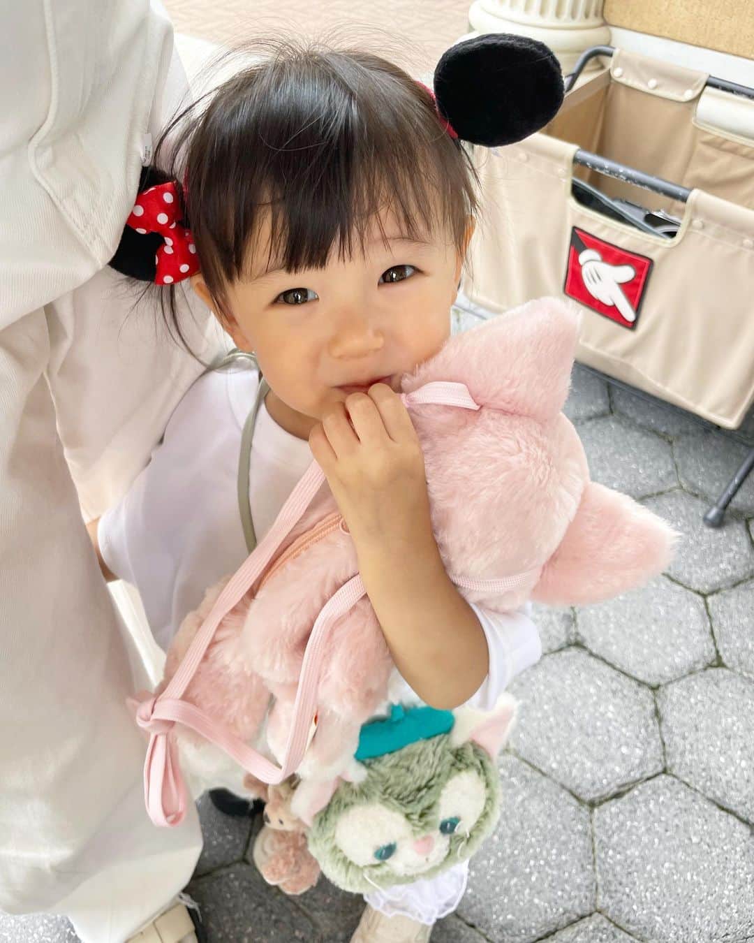 東なつ紀のインスタグラム：「Disney sea🐚🐋🤍  この間しょこが誘ってくれて ディズニーシーデビューしてきた🤍 お揃い真っ白コーデでした🤍  ぬいぐるみいっぱいつけて はしゃいでて可愛かった🤍 しょこ色々ありがとう◡̈！！！  #ディズニーシー  #disneysea #シーデビュー #一歳ディズニー #ジャンボリミッキーみれたよ🐭 #親子ディズニーコーデ」