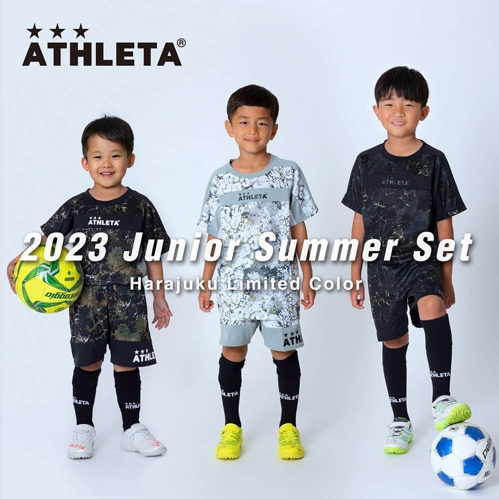 ATHLETAのインスタグラム：「・・・  【限定】2023年 ジュニアSummer Set (原宿限定カラー)   子供/ジュニア/キッズ用トレーニングセット!! 毎年好評を頂いているのお得なアスレタ合宿セットの原宿店限定カラー  【セット内容】合計4点セット ◆半袖プラクティスシャツ ◆プラクティスパンツ ◆おまかせプラTシャツ(デザイン・素材はランダム) ◆マルチバッグ  Price: ¥7,150 (税込) Size: 110cm, 120cm, 130cm, 140cm, 150cm, 160cm  ※「おまかせプラTシャツ」の内容を指定することはできません。 ※各アイテムごとに異なるサイズを指定することはできません。 ※セット販売の為、初期不良品以外の交換・返品はできません。   着用サイズ目安： (モデル身長) CAM×BLK　110cm (105cm) WHT×GRY　130cm (120cm)  BLK×BLK　140cm (130cm)  #アスレタ #athleta #プラシャツ #プラパン #トレーニング #サマーセット #合宿セット #フットサル#サッカー #football」