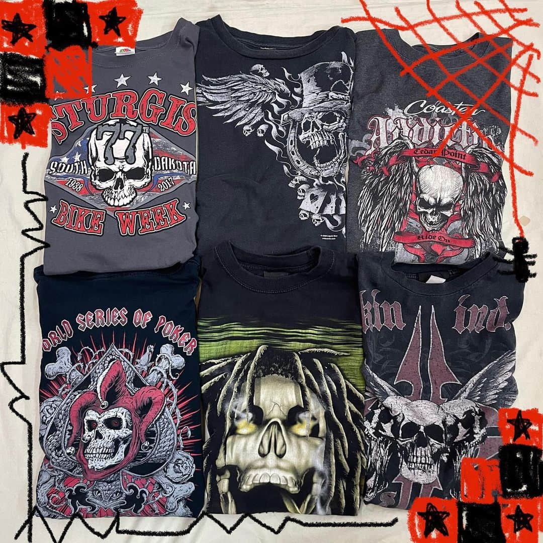 のインスタグラム：「skull tshirts  ✝️店内商品全て通販可能です☮️ 通販ご希望の際はＤＭにてお受けしております😊  #nagoya#osu #tokyo #mabataki #vintage #fashion #fyp  #y2k  #00s #90s #名古屋 #大須 #東京 #古着 #大須古着屋 #マバタキ」
