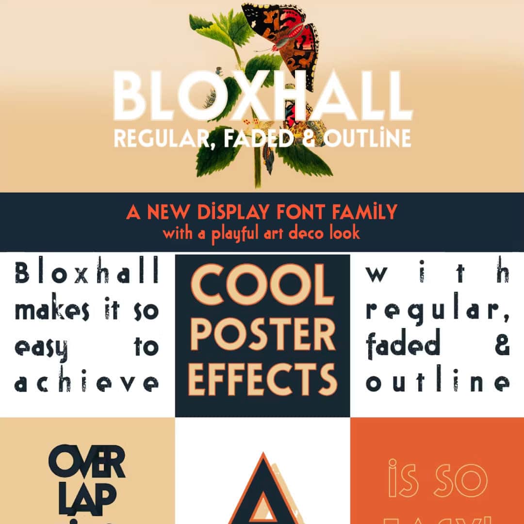 myfontsのインスタグラム：「Designed by Ana Parracho, Bloxhall is a Sans Serif display font with an art deco-inspired style. This font family includes outline, faded, and layered versions, with an extra offset variation to make layering super easy. Bloxhall's different variations and solid retro look make it a perfect set for poster designs, logotypes & branding, editorial designs, titles, short phrases & slogans. Your creativity is the limit! Shop on MyFonts Today 😀」