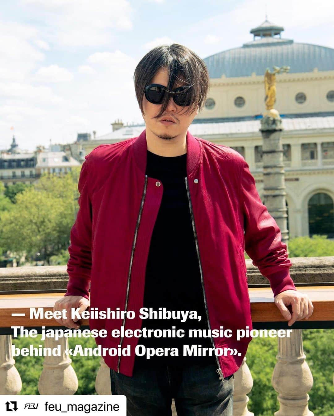 渋谷慶一郎のインスタグラム：「Talking about my music, my life on @feu_magazine  Thank you 🙏  パリのクィア系カルチャーマガジン(かなりいけてる) @feu_magazine にATAK初期からアンドロイドオペラに至る過程などなど語りました。彼らのプレイリストに昔、僕がJWAVE のために作ったAvalonというマニアックな曲が入ってたりしてて、僕の音楽にも相当詳しい。紙のマガジンにも掲載されるみたい。  ・・・ Meet @keiichiroshibuy, the japanese electronic music pioneer behind "Mirror", the new android opera at @theatrechatelet, in exclusive interview for feu-magazine.com  With a career spanning two decades, Keiichiro Shibuya has carved a niche for himself by blending classical music training with cutting-edge electronic sounds. In this exclusive interview, we delve into Shibuya’s creative journey, from the inception of his music label “ATAK” in 2002 to his groundbreaking vocaloid opera, “The End.” This immersive show challenged traditional notions of narrative and brought together a stellar team of collaborators, including Marc Jacobs, Louis Vuitton’s art director, and architect Shohei Shigematsu. Shibuya also shares his thoughts on the role of AI and technology in his creative process and discusses his upcoming opera, “Android Opera Mirror.” This unique production combines ancient traditions with futuristic elements and will be showcased this month at the Théatre du Châtelet in Paris.  Link in bio」