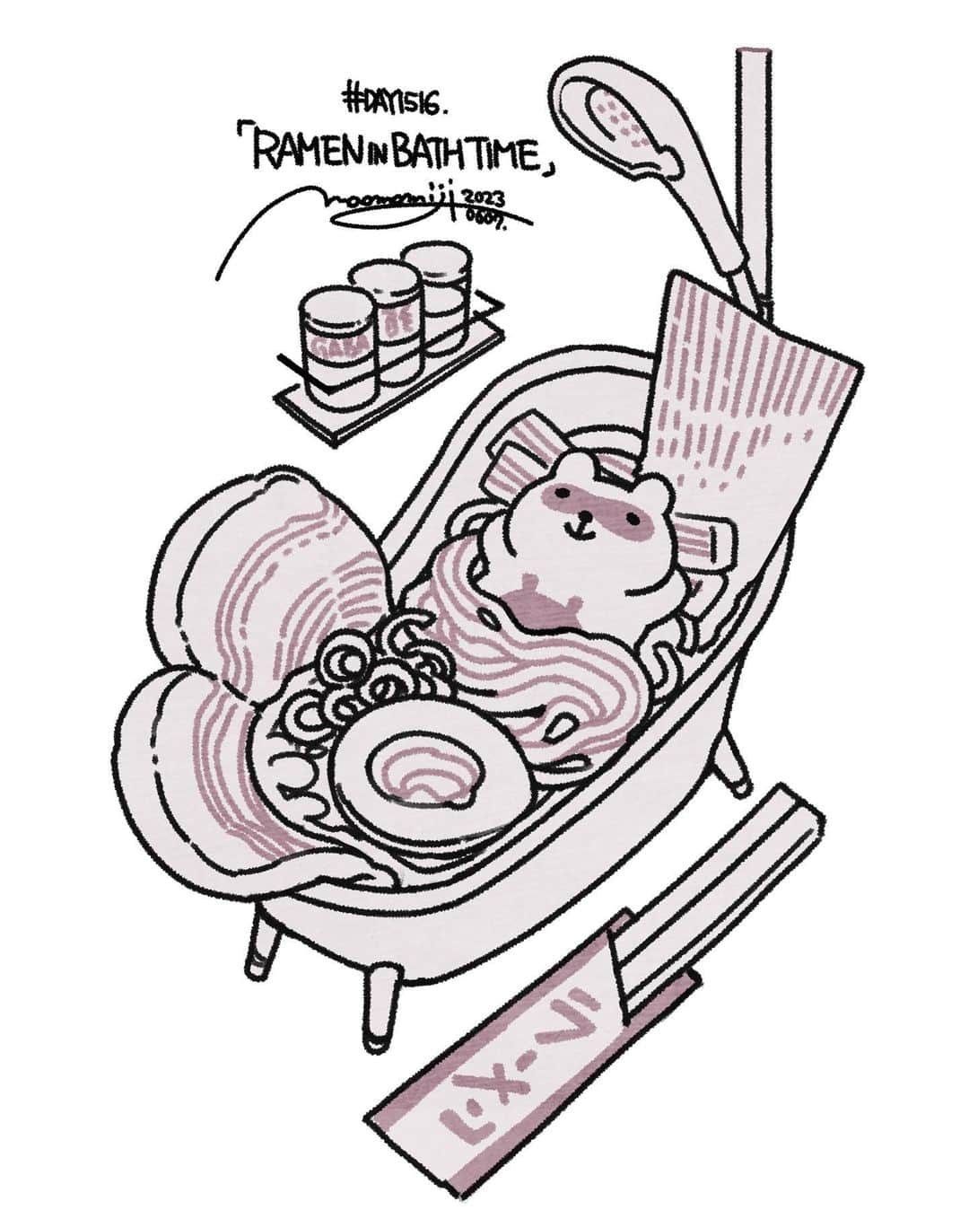 のインスタグラム：「『#DAY1515/「RAMEN in BATH TIME(mono)」』  もみじ真魚/MaoMomiji 2023年6月8日 00:29  「私の理想のバスタイム」 こんな生活がシリーズでイメージを広げたら楽しくなってきました。今日はアイデア出しで時間がかかったので、彩色はまた後日！  "My ideal bath time" It became fun when such a life expanded the image in the series. It took me a while to come up with ideas today, so I'll paint them later!  “我理想的沐浴时间” 当这样的生活扩大系列中的形象时，它变得有趣了。 今天想了好久，等会儿再画！  "Mi hora ideal del baño" Se volvió divertido cuando tal vida amplió la imagen en la serie. Me tomó un tiempo pensar en ideas hoy, ¡así que las pintaré más tarde!  #日刊ごはんが好き #foodie #foodieart #dailyilovefood  #毎日更新 #foodillustration #fooddrawing #もみじ真魚 #maomomiji #飯テロ #美食 #ラーメン #ramen #bathroom」