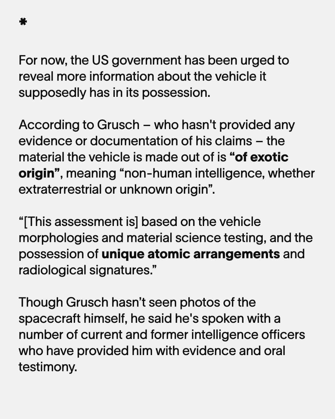 VICEさんのインスタグラム写真 - (VICEInstagram)「A former US intelligence officer has claimed that the US is secretly operating a UFO retrieval program and possesses “intact craft of non-human origin."⁠ ⁠ The whistleblower David Charles Grusch, a retired member of the National Geospatial-Intelligence Agency (NGA) and the National Reconnaissance Office (NRO), said he was part of a taskforce that was established to identify what were once called “unidentified flying objects,” or UFOS, and are now officially known as “unidentified anomalous phenomena," or UAP.⁠ ⁠ There are currently no public details of what evidence or documentation, if any, Grusch may have, but a current US intelligence officer has come forward to support his allegation.⁠ ⁠ Read more at the link in bio.⁠ ⁠ ✍️: @matthamundo」6月8日 0時50分 - vice