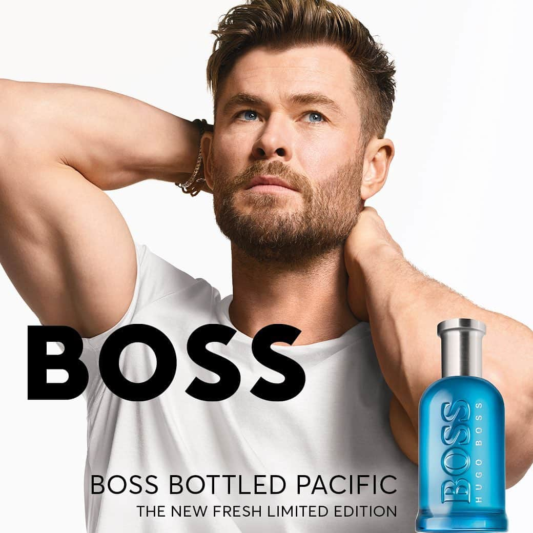 クリス・ヘムズワースのインスタグラム：「BOSS Bottled Pacific shares the looks of a beautiful blue ocean without that fishy seaweed ocean smell. One spray of this and you’ll be smelling like a BOSS #BOSSBottled #BeYourOwnBOSS」