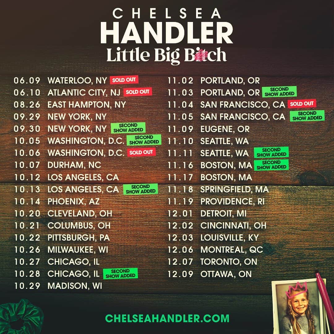 チェルシー・ハンドラーのインスタグラム：「DUE TO POPULAR DEMAND, SECOND SHOWS ADDED TO LOS ANGELES, CHICAGO, BOSTON, PORTLAND. PRE-SALE STARTS NOW.  Pre-Sale Passcode is LITTLE #LinkInBio」