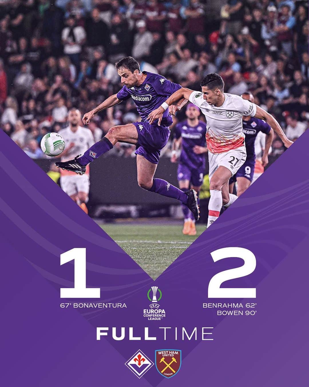 ACFフィオレンティーナさんのインスタグラム写真 - (ACFフィオレンティーナInstagram)「Finisce così. Full time.  #FiorentinaWestHam 1 - 2 | 90' + 5' #UECLfinal」6月8日 6時01分 - acffiorentina