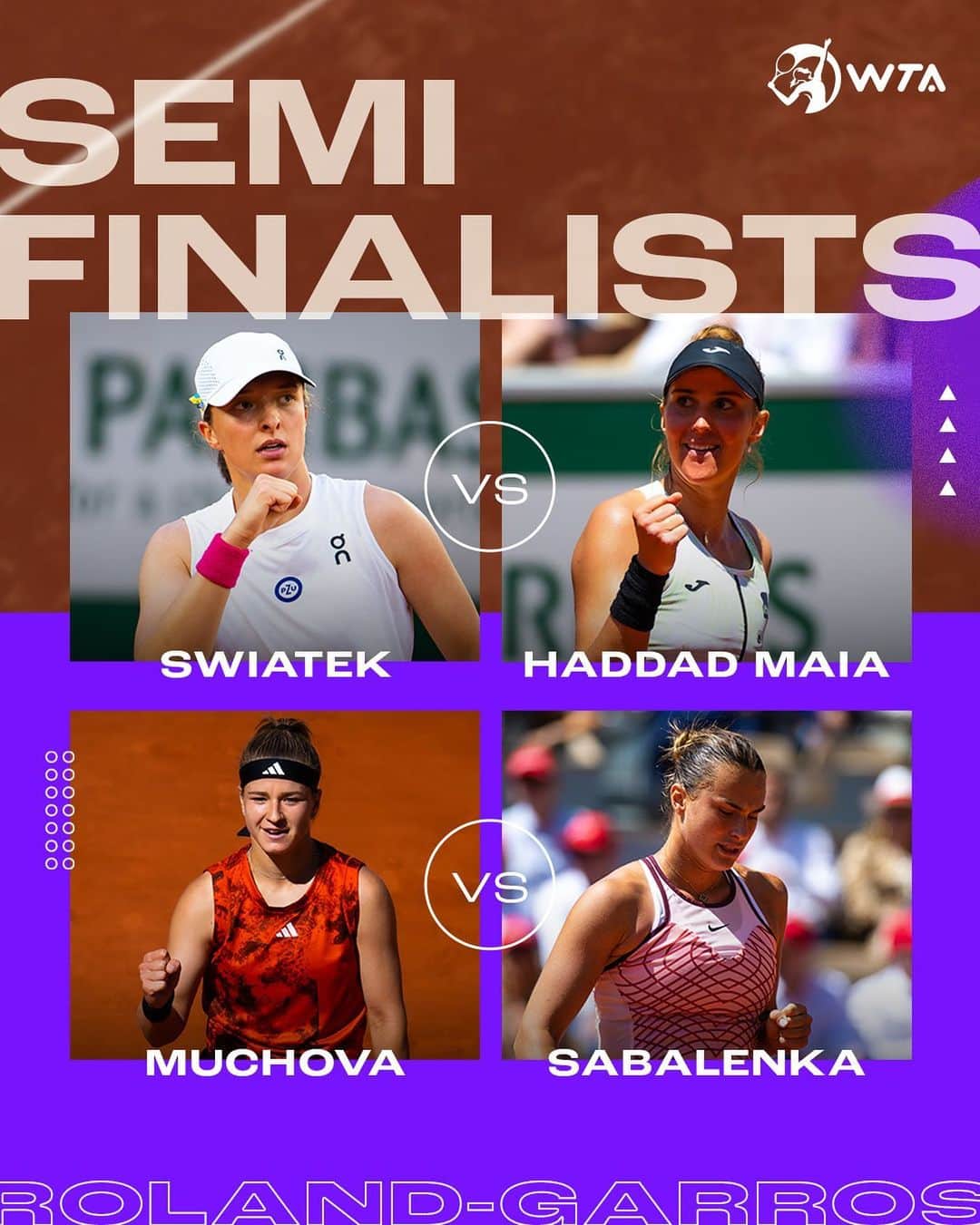 WTA（女子テニス協会）さんのインスタグラム写真 - (WTA（女子テニス協会）Instagram)「Bonne chance 🧡  Our semifinalists are LOCKED but only two can move on!  #RolandGarros」6月8日 6時41分 - wta