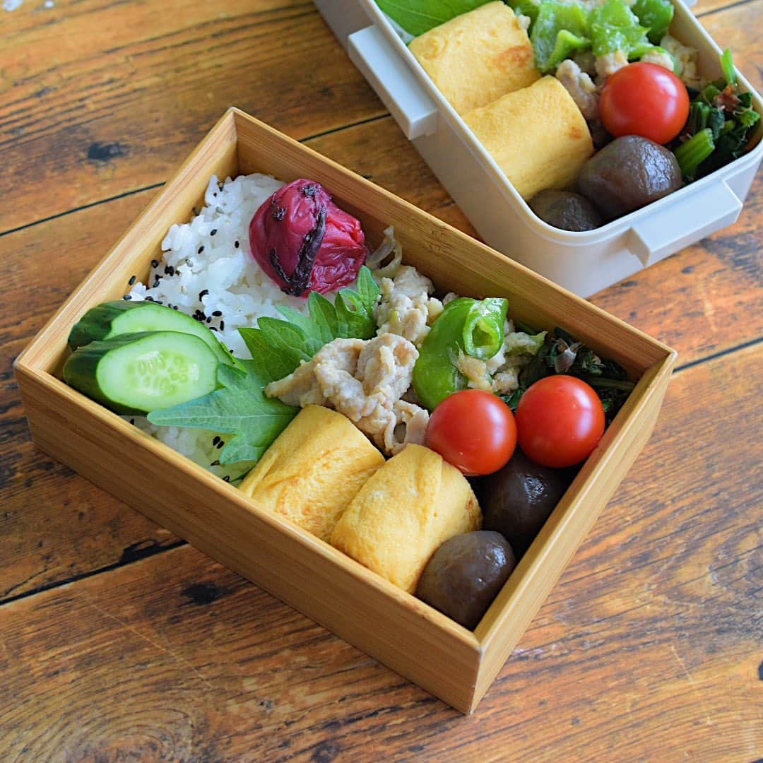 yukiyoのインスタグラム：「2023.6.8* ・ 今日のお弁当 ・ ごはんに黒ごま、ぬか漬け梅干し 甘い出汁巻 #下味冷凍 味噌マヨ豚こま炒め ほうれん草おひたし 玉こんにゃく煮 ミニトマト おにぎりの具は蕗味噌 お味噌汁は長ネギ、お豆腐、わかめ ・ 木曜日、もりもり食べて頑張ろう ・ #食べすぎ… ・ #お弁当 #obento #bento #japanesefood #暮らし #igersjp #クロワッサンお弁当部 #クロワッサン普段弁当 #公長齋小菅」