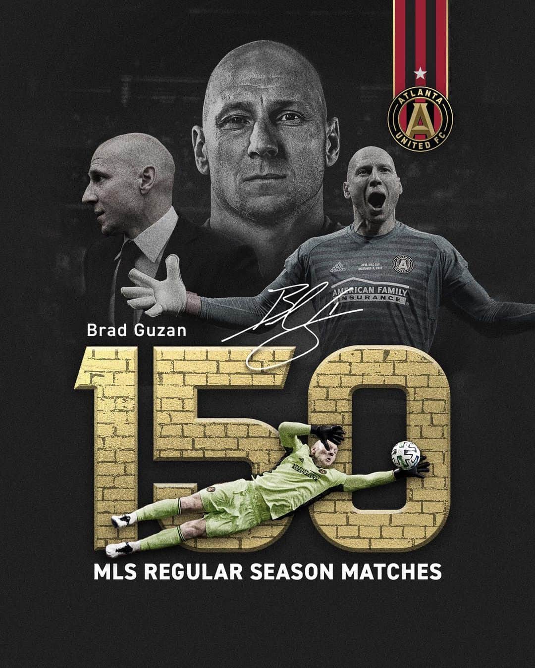 ブラッド・グザンのインスタグラム：「He’s big. He’s bald. He’s breaking records 🧤  Congrats to @bguzan on becoming the first #ATLUTD player to start 150 @MLS regular season matches 👏」