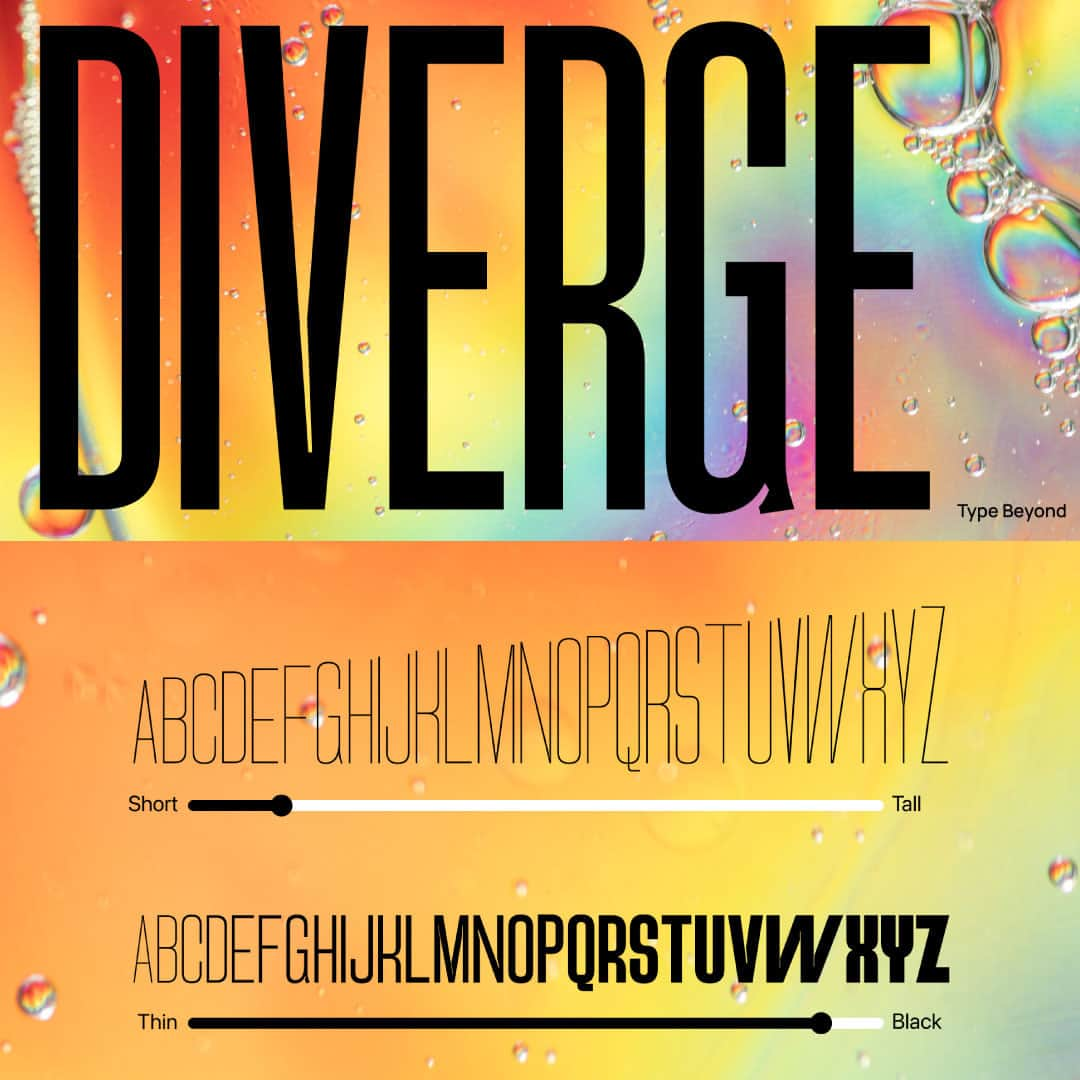 myfontsのインスタグラム：「Diverge Variable by Vishnu Sathyan - Diverge's variable design is perfect for various applications, from branding and advertising to editorial design and web development. Its unique look and feel will make any design project stand out from the crowd! Shop now on MyFonts 🌟」