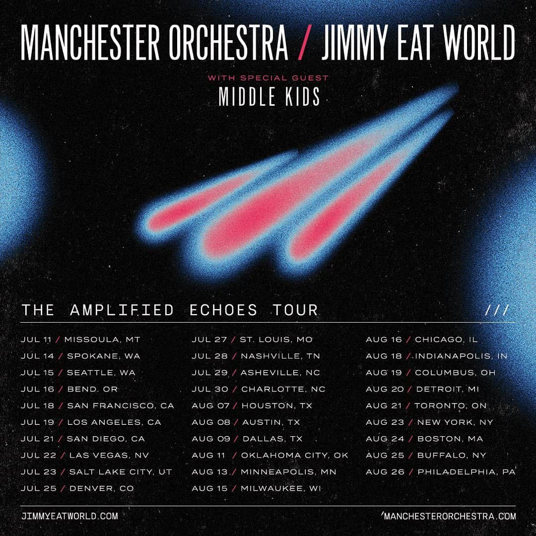 Jimmy Eat Worldさんのインスタグラム写真 - (Jimmy Eat WorldInstagram)「We're just over a month out from the start of The Amplified Echoes Tour and in anticipation, we've covered each other's songs! 'Telepath' by Jimmy Eat World & 'Table For Glasses' by Manchester Orchestra are both out now. If you purchase a VIP package to one of our upcoming co-headline shows, you'll get a limited edition tour t-shirt and poster as well as the 7" vinyl that includes both tracks. Link to listen and buy VIP package in stories.」6月8日 23時03分 - jimmyeatworld