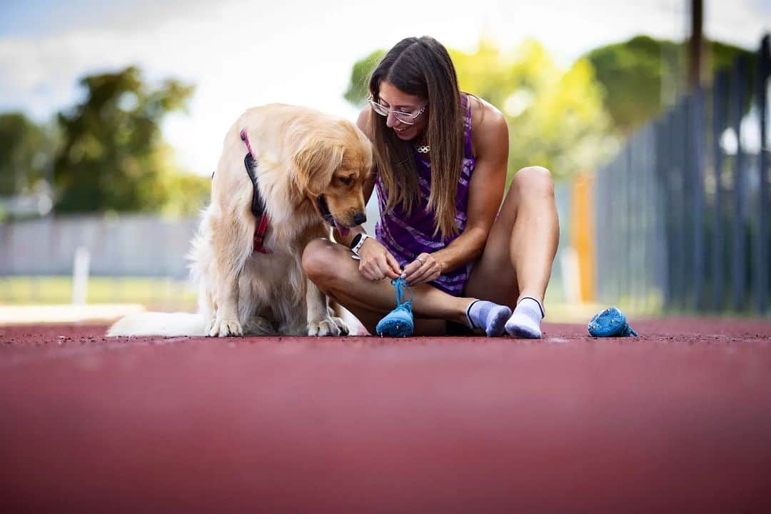 アイリーン・シラグサのインスタグラム：「Raya track star❣  #picoftheday #raya #goldenretriever #petlovers #trackandfield #athleisure #asicswomen #asicsteam #lavelocistacongliocchiali   Ph @ilariacariellophotography」
