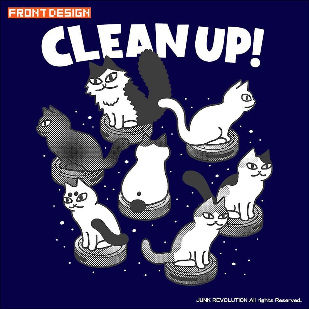 みずしな孝之さんのインスタグラム写真 - (みずしな孝之Instagram)「新作Tシャツ「CLEAN UP!」できました。 ロボット掃除機でおそうじする猫たちです。 星空かな！と思ったら細かいチリみたいな。 近日発売予定です。」6月8日 23時56分 - sinamism