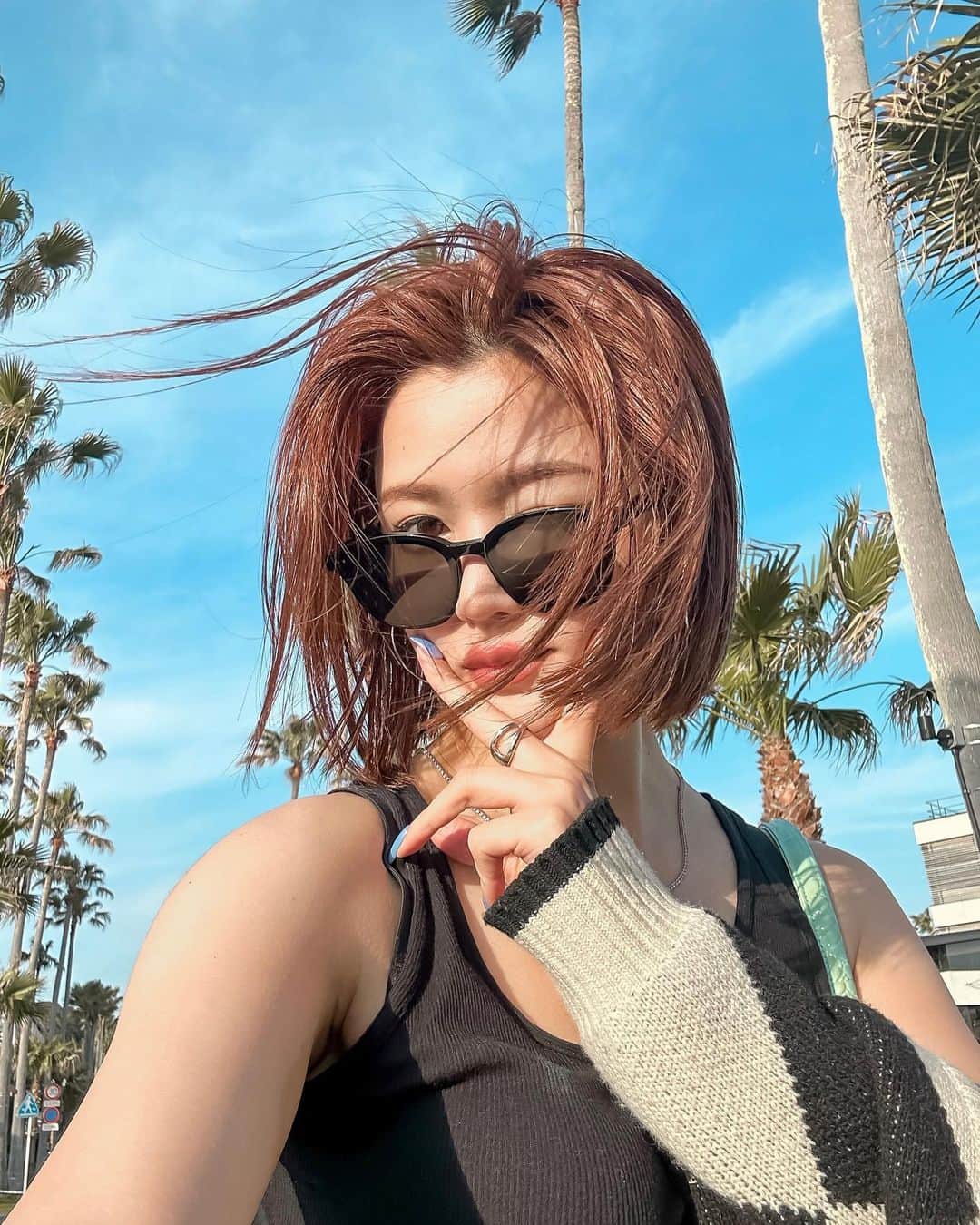 のインスタグラム：「風がファイヤーした🌪️  囲まれヤシの木🌴  #ヤシの木 #サングラス女子」