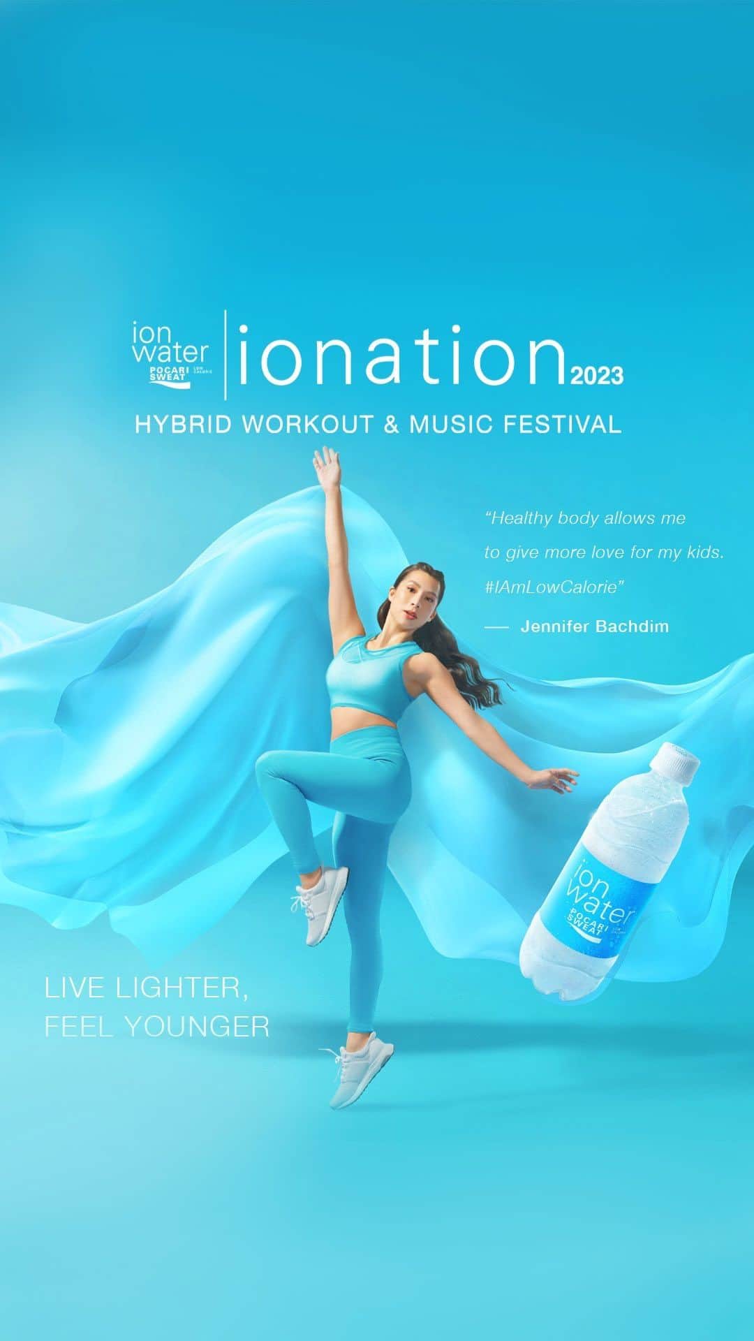 Jennifer Bachdimのインスタグラム：「A good thing this year is that @ionwaterid invites us to “Live Lighter & Feel Younger” through #IONATION2023!  We can workout together, sweat together, and start a journey to age gracefully together by joining exciting classes lead by great instructors and accompanied by awesome music performances at #IONATION2023 on 19 August 2023!  Have you started to live lighter and feel younger? This can be done by actively working out, managing our calorie intake, as well as staying hydrated with low calorie ION drink like ION Water, that is easily absorbed and helps to replenish body fluids faster. It really helps me to be fit, active, strong, and feel young for as long as possible because I wanna be a mom who is able to take care of my kids and play with them even though I’m getting older later on.  Are you ready to join #IONATION2023 with me? Tickets will go on sale starting 25 June 2023 exclusively on www.ionwater.id. Stay tuned on @ionwaterid for more information and I’ll see you soon 💙  #IONWater #IONWaterID #IAmLowCalorie」