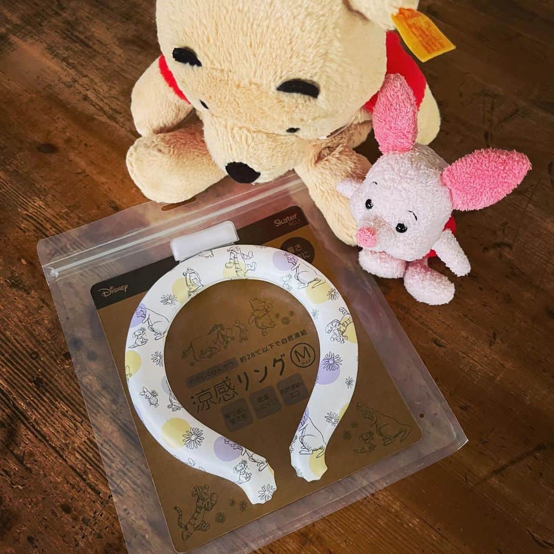 睦のインスタグラム：「やっと見つけましたぁ✨  よーく見たらプーさん柄の 涼感リング🧊🧸  去年あたりから この形は見かけていて。  猛暑対策として 試したかったのですが、 好きな柄が見つからない。。。  1年越しに やっと見つけましたぁ💜  首に巻く保冷剤や、 電気のネッククーラーより 優しい冷たさなんですねぇ。  自宅用に使うのに ちょうど良さそう❄️  よーく見たらプーさん柄は、 つい買ってしまいますぅ🤭  #涼感  #ネッククーラー  #piglet  #クマのプーさん  #くまのプーさん  #プーさん  #pooh  #winniethepooh  #シュタイフ  #poohpooh  #winniethepoohday  #poorbear  #skater  #スケーター  #暑さ対策  #首 ひんやり #steiff  #hunny  #ピグレット  #はちみつ  #プーさんグッズ  #ぬい撮り  #プーさん好きと繋がりたい  #lovot大好きな人と繋がりたい  #ディズニーリゾート好きと繋がりたい  #model  #モデル　 #睦」