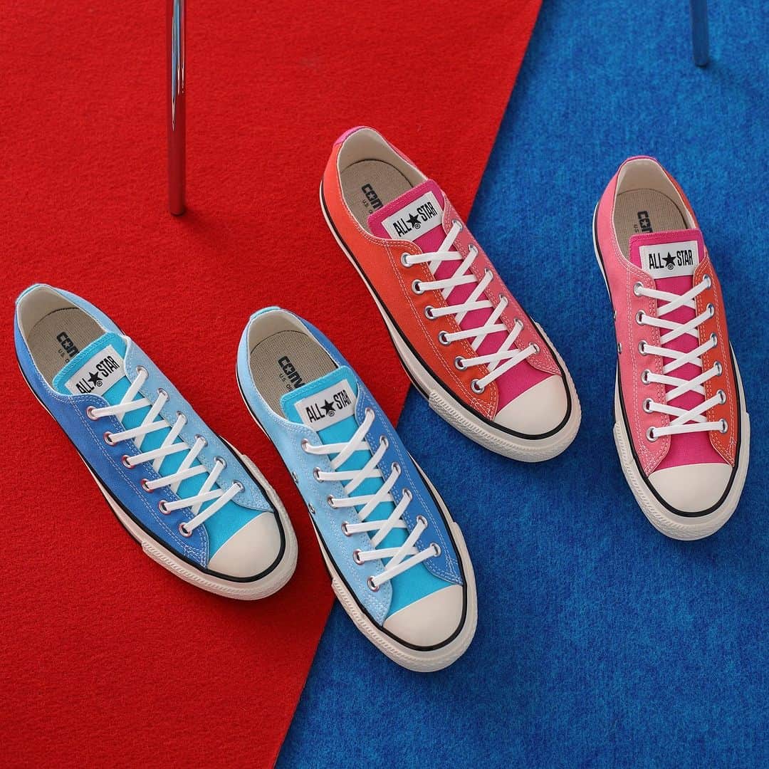 のインスタグラム：「・ <6/9(FRI) Release‼>  ALL STAR US CC OX  ￥9,350 (税込)  「U.S. ORIGINATOR」スペック搭載オールスターのカラーアレンジモデル。 洗い加工を施したキャンバス素材、艶出し加工を施した生成りのラバーテープ、コットンシューレースを採用。 同系色のビビッドカラーをマルチに組み合わせたカラフルな一足。 暖色系のオレンジ/ピンクと寒色系のブルー/ターコイズの2カラー展開。  #abcmart #abcマート #abcgs #kicks #sneakerhead #sneakers #sneakeraddict  #tokyo #japan #kickstagram #?? #converse #allstar #chucktaylor #abcマート #converseallstar」