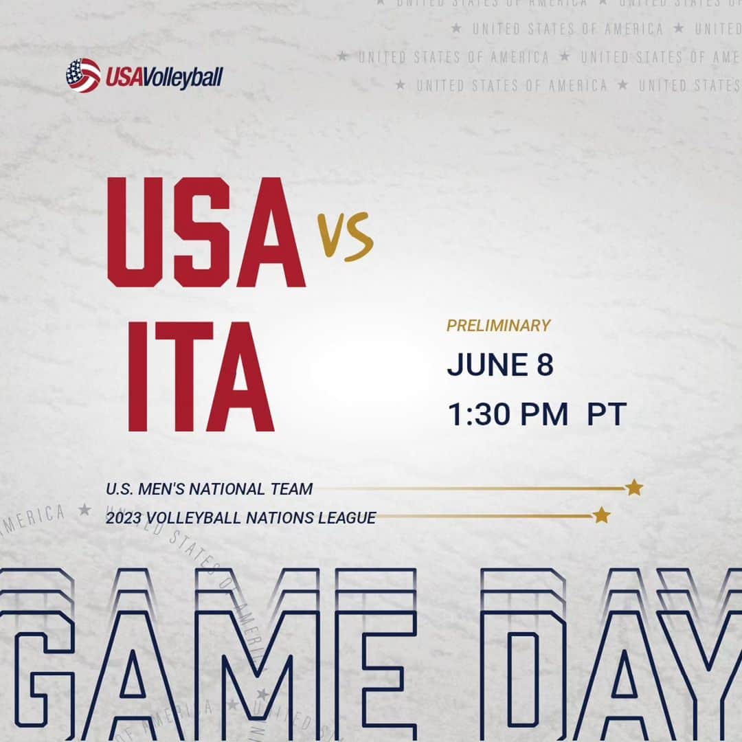USA Volleyballさんのインスタグラム写真 - (USA VolleyballInstagram)「Get ready for this!! 💪   It's the U.S. Men 🇺🇲 vs Italy 🇮🇹 at the Volleyball Nations League today at 1:30p PT LIVE on VolleyballWorld.tv.」6月9日 4時35分 - usavolleyball