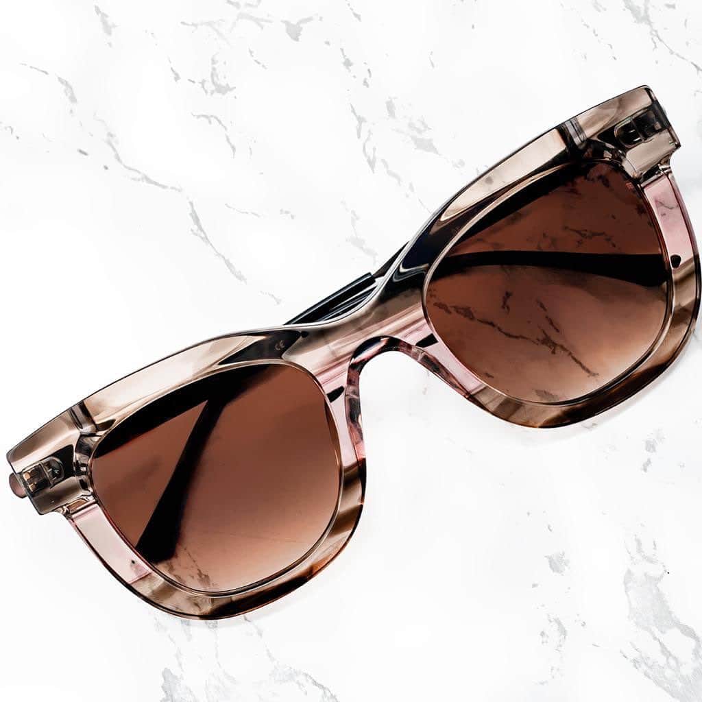 のインスタグラム：「the THIERRY LASRY “SEXXXY” sunglasses in translucent brown/ pink pattern acetate w/ gradient brown lenses #thierrylasry #handmadeinitaly」