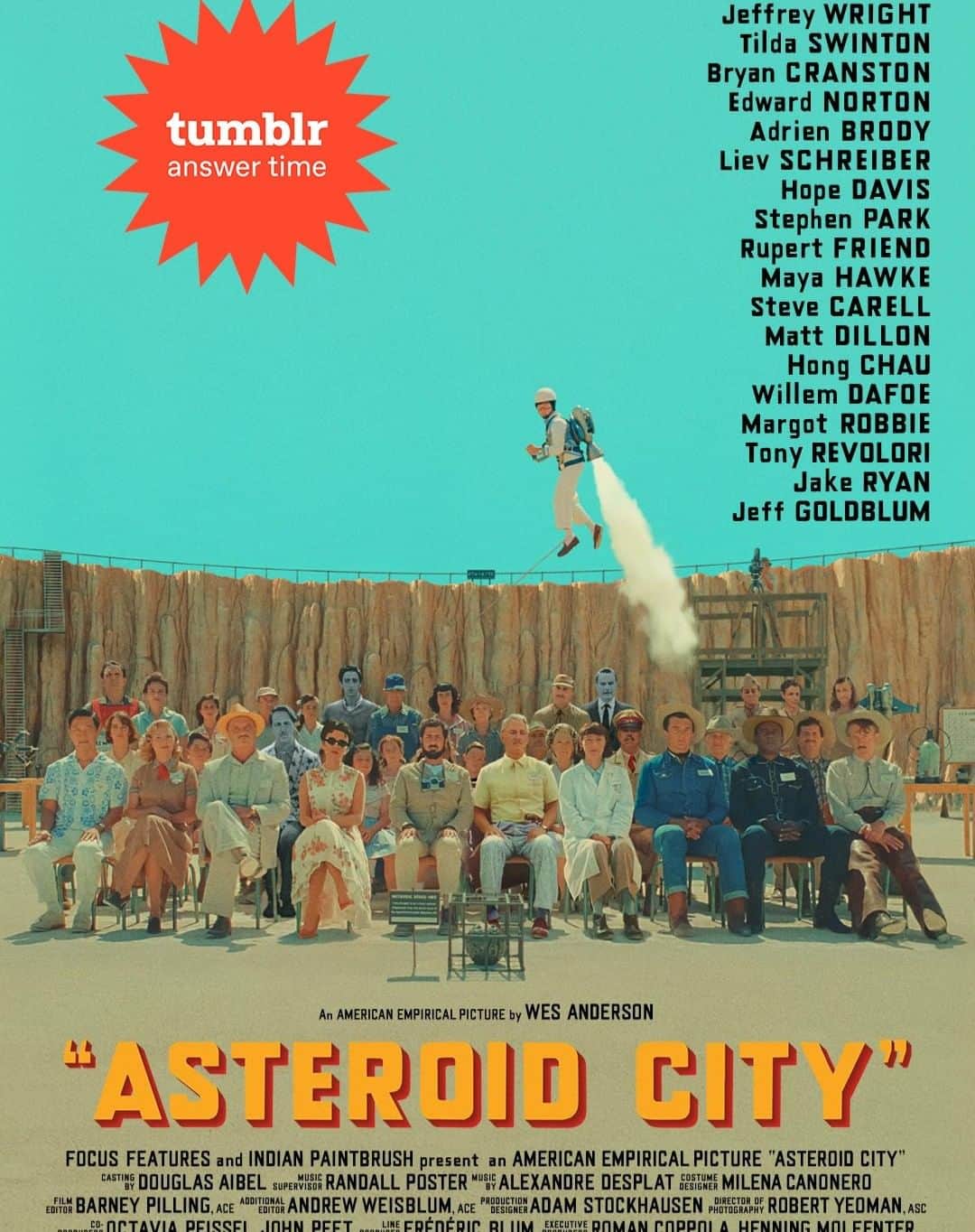 Tumblrのインスタグラム：「it's answer time!!!! do you have a question about Wes Anderson’s upcoming film, Asteroid City?   submit it here 👉 entertainment.tumblr.com/ask  & join the cast for their Tumblr Answer Time on June 20th at 12pm PT / 3pm ET ☄️」