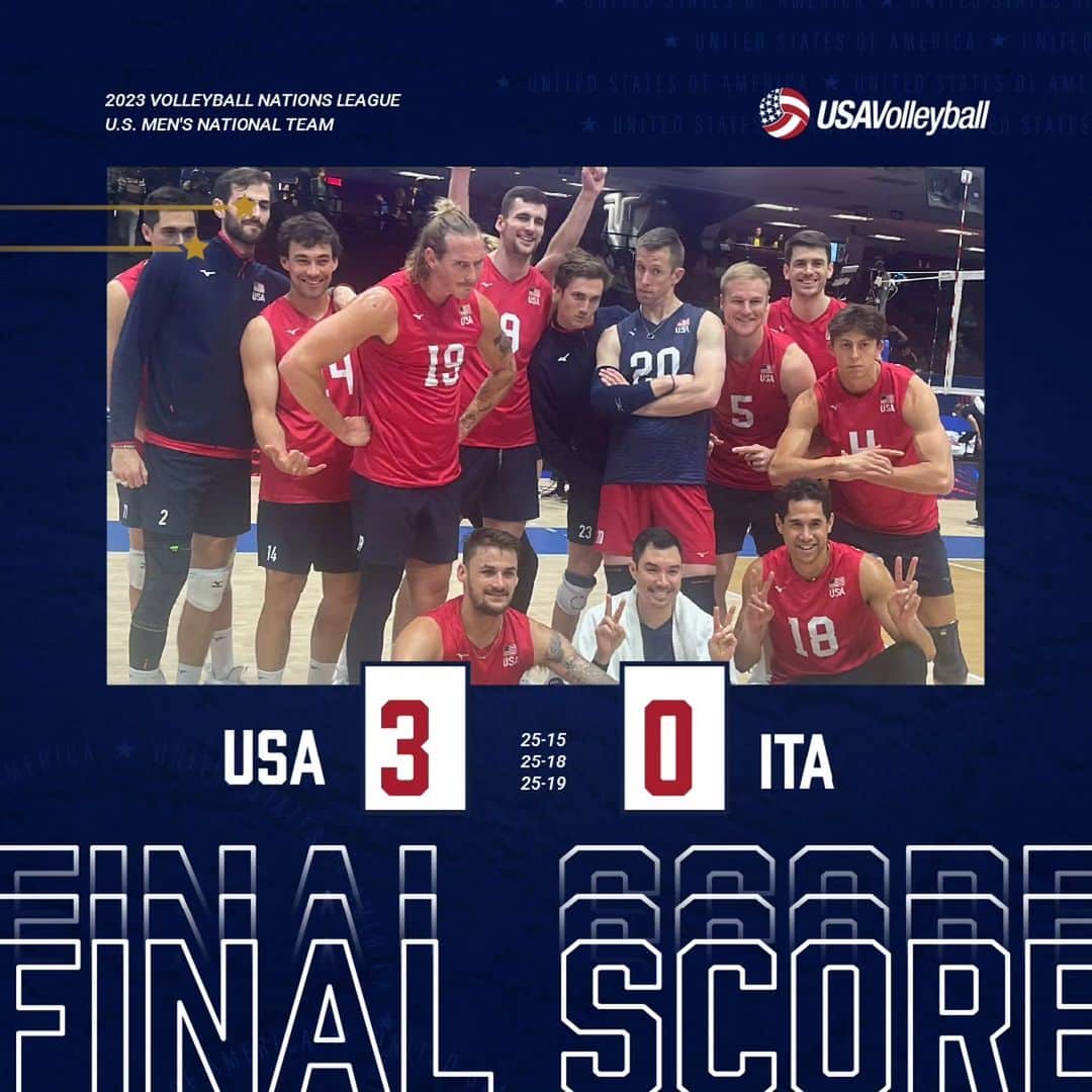 USA Volleyballさんのインスタグラム写真 - (USA VolleyballInstagram)「🧹x 2!!  The U.S. Men 🇺🇲 get their 2nd straight sweep on Thursday, beating a young Italian 🇮🇹 team (25-15, 25-18, 25-19).   Story and stats to come」6月9日 7時33分 - usavolleyball