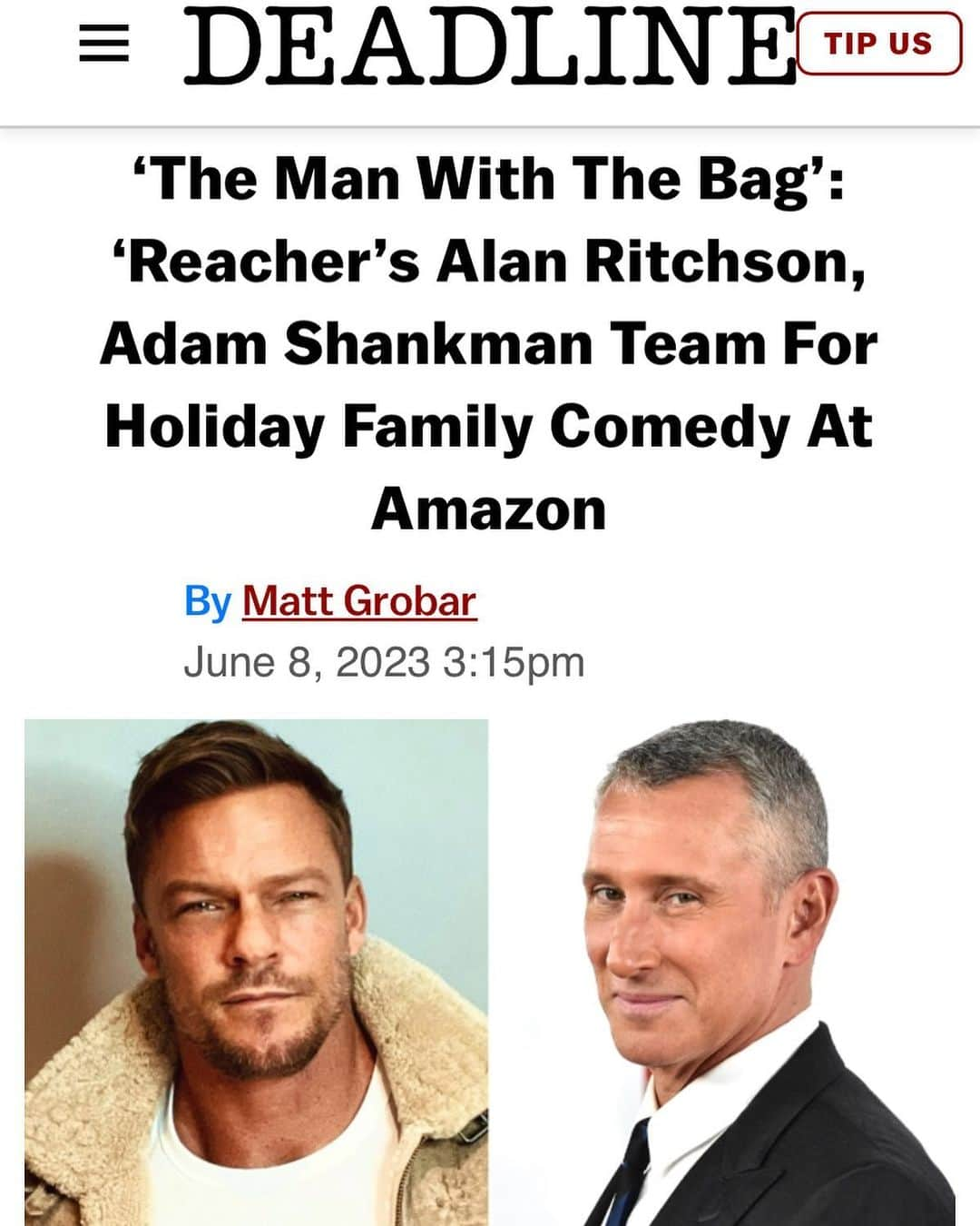 アダム・シャンクマンのインスタグラム：「Everybody’s waiting for the #manwiththebag🎅  Hey @alanritchson ! The papers say we’re making a movie! I’ve always wanted to make a holiday treasure with a freakishly talented 6’9” super model who can act, be realllly funny, blow up city’s and sing sweet songs on instagram. Let’s do it :)」