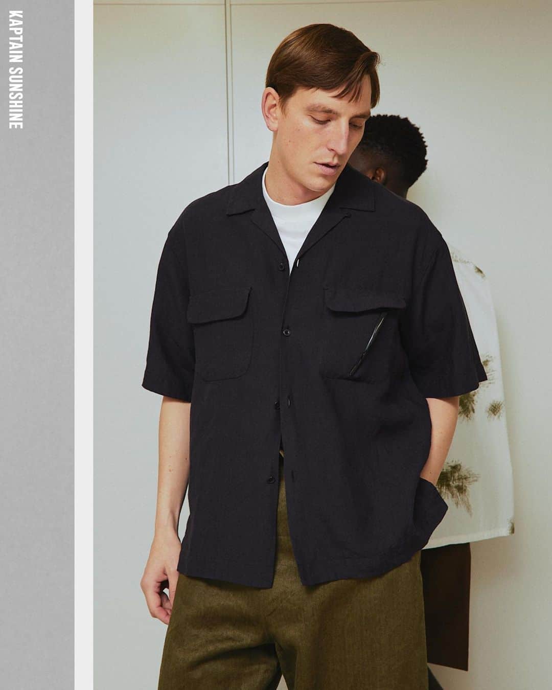 のインスタグラム：「.  KAPTAIN SUNSHINE 23SS ITEMS  Linen Silk Open Collar Shirt Ink Black /  Natural  More information can be found at our online store. kaptainsunshine.com  #kaptainsunshine」