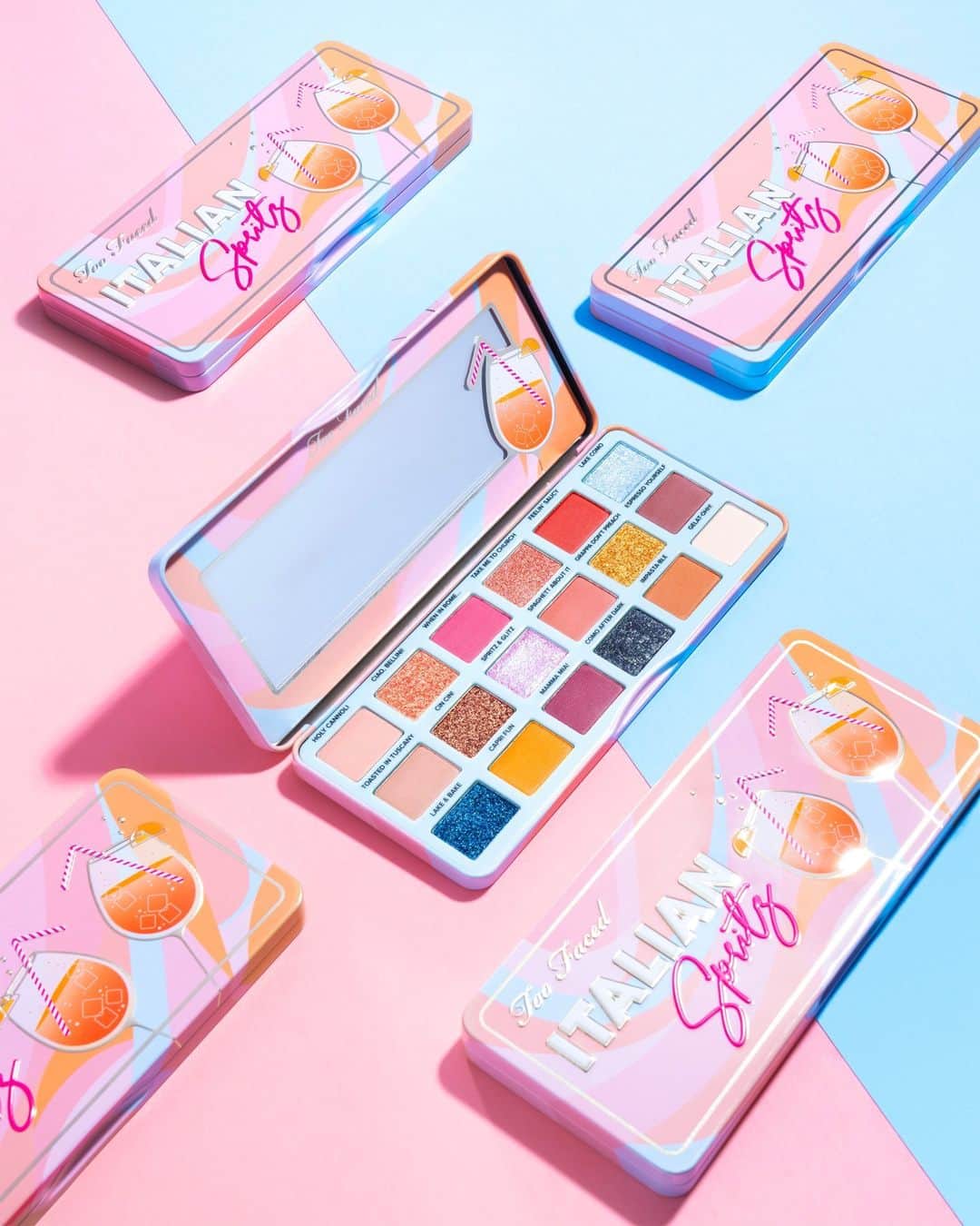 Too Facedのインスタグラム：「For your European Summer 💙✈️🍊 Our Italian Spritz Palette is full of 18 vibrant, high-pigment shades inspired by the sparkling fun & kiss of sweetness you get from a refreshing summer cocktail! Tap to shop! #toofaced #tfcrueltyfree」