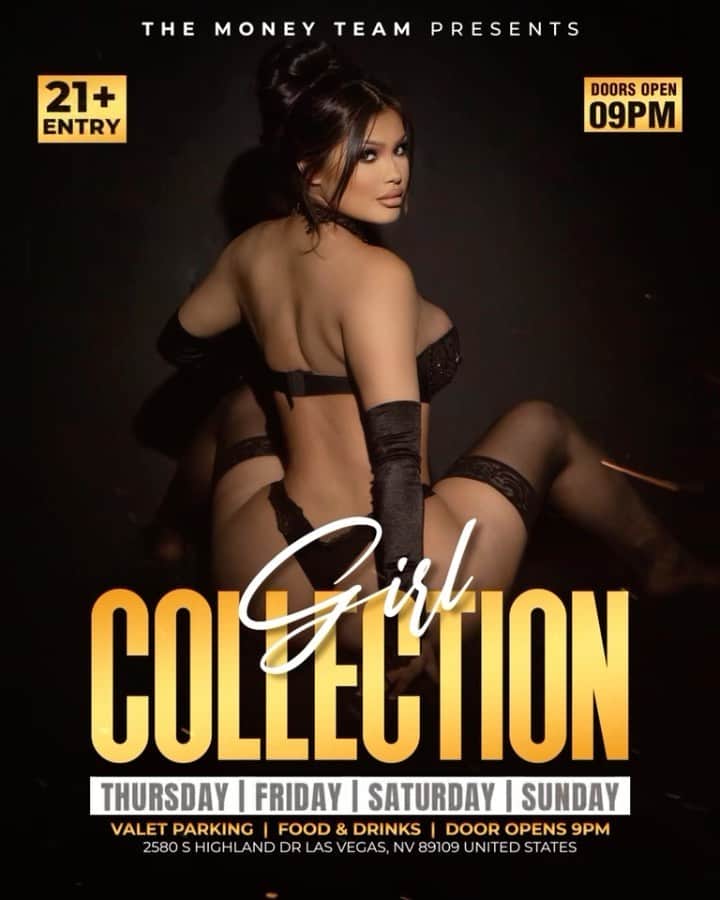 フロイド・メイウェザー・ジュニアのインスタグラム：「GIRL COLLECTION IS THE PLACE TO BE IN VEGAS ALL WEEKEND LONG  DOOR OPENS @ 9:00pm   •THURSDAY •FRIDAY •SATURDAY •SUNDAY  Must be 21 To Enter.  Ladies are welcome with or without male companion.  Come party at the best most luxurious venue in Las Vegas “Girl Collection”  GIRL COLLECTION 2580 S Highland Dr Las Vegas, NV 89109 1 -(844) 447-5758  #GirlCollection  @girl.collection_lv」